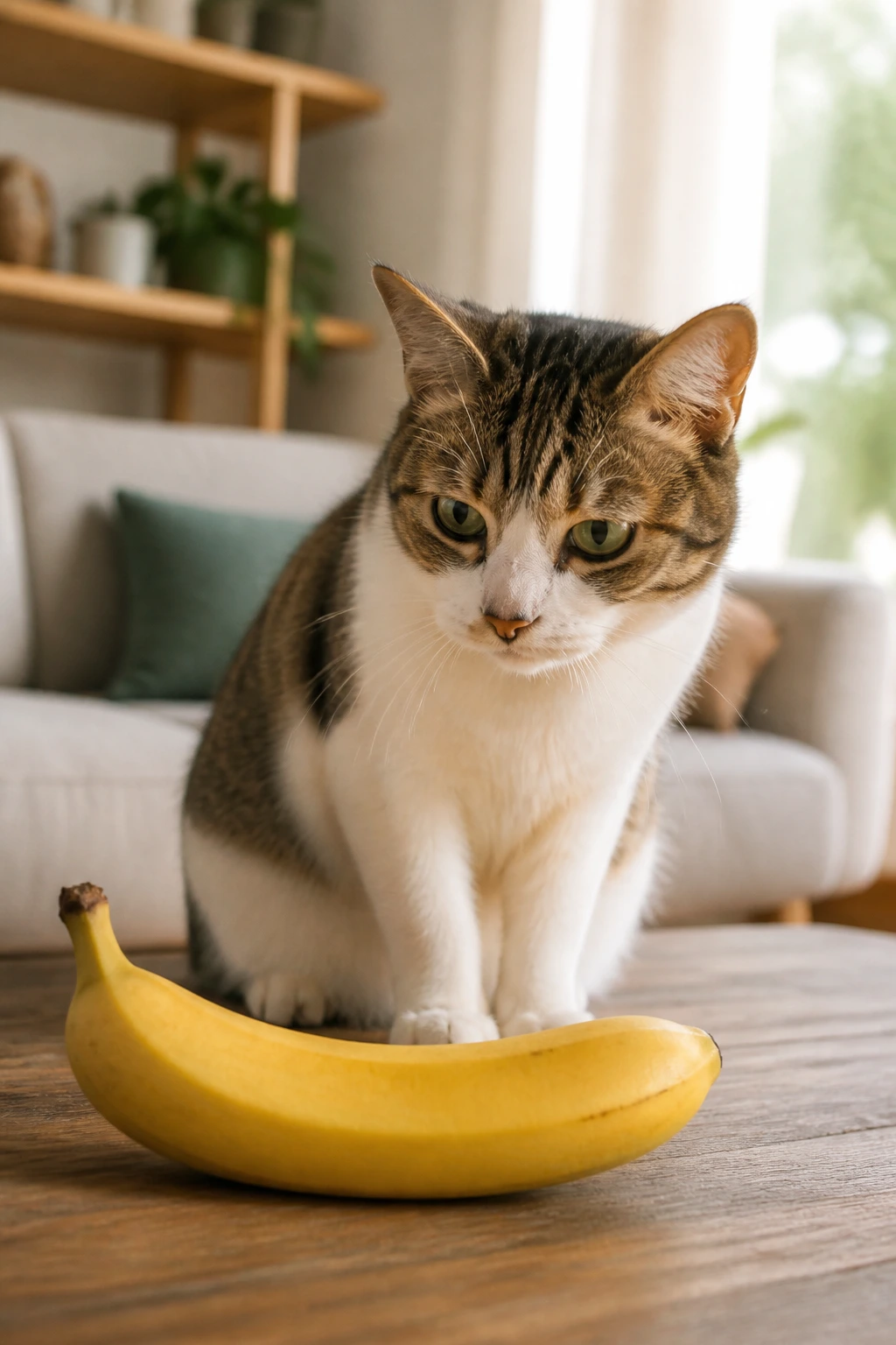 Calm cat near a banana on a living room table