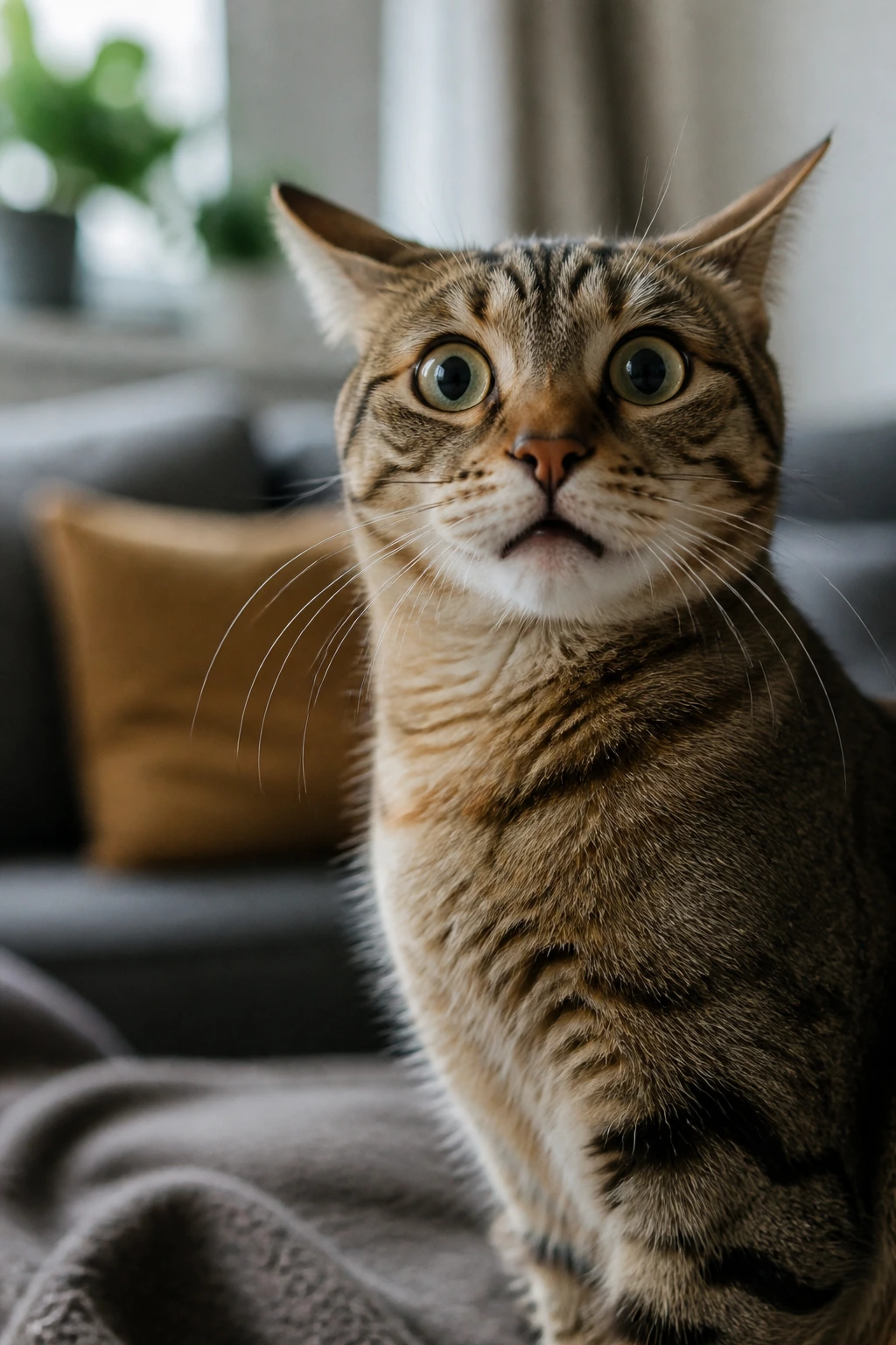 Close-up of wary cat in a cozy living room