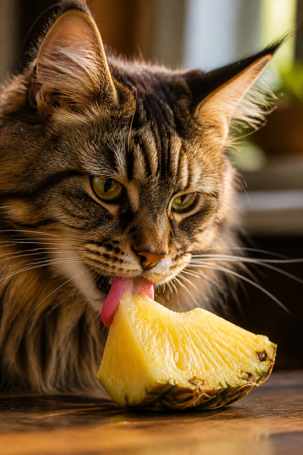Portrait of a real cat with a pineapple near its mouth in a cozy home