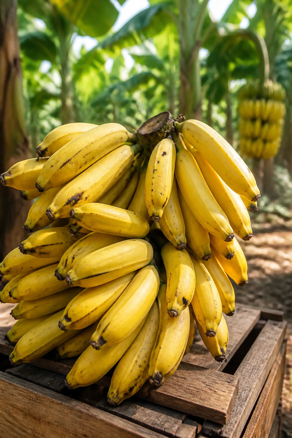 Are Wild Bananas Edible and Safe to Eat? 5 Ripe Cavendish banana bunch on a farm crate.