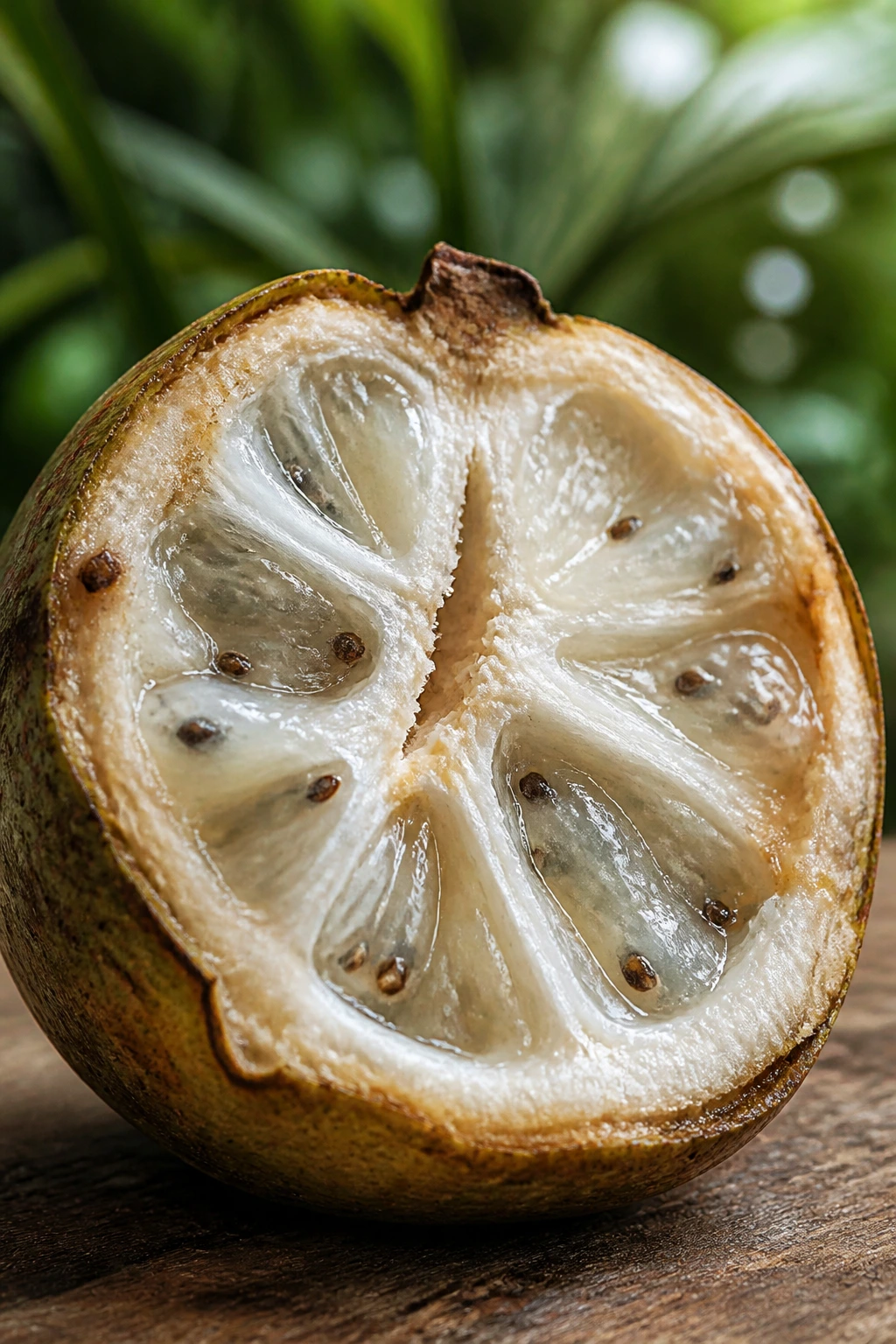 Cecropia Fruit:Â Nutrition Facts, Health Benefits, And More 2 Close-up of halved Cecropia fruit showing pale juicy flesh and seeds on a rustic wooden surface