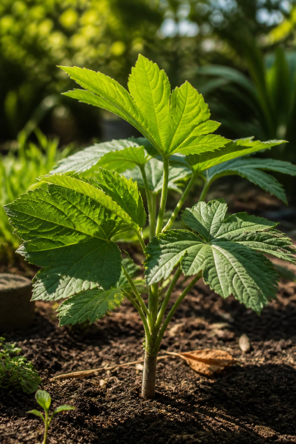 Cecropia Fruit:Â Nutrition Facts, Health Benefits, And More 4 Young Cecropia tree seedling with green leaves in a sunlit garden bed