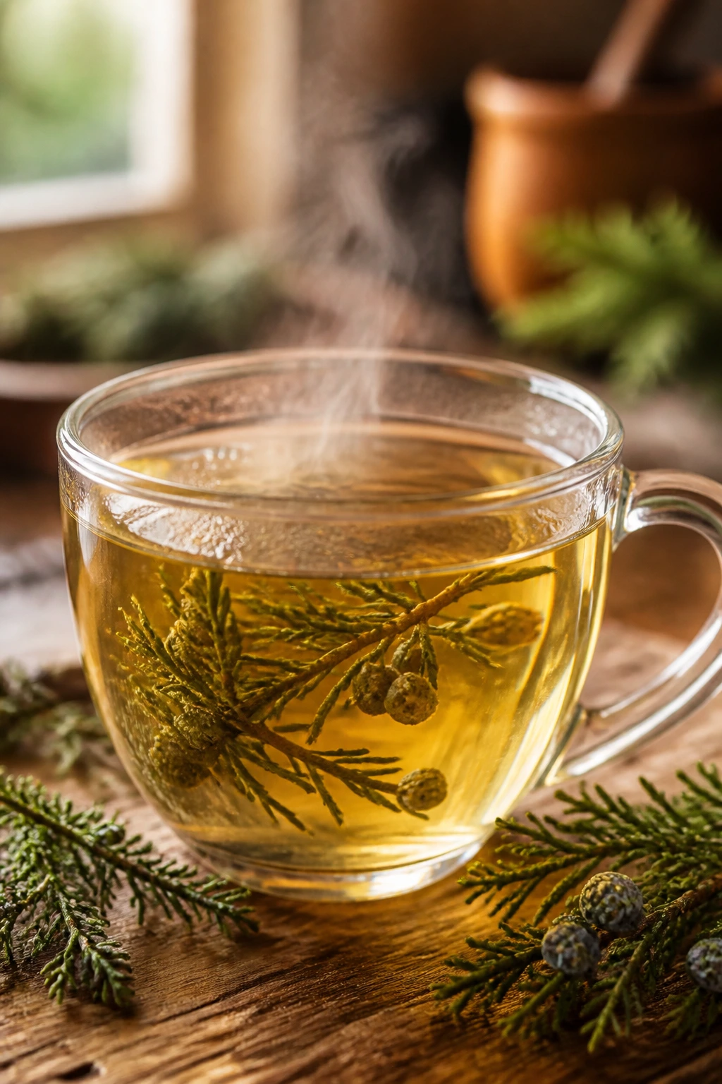 10 Health Benefits Of Drinking Cedar Tea And How To Make It 1 Close-up of a steaming cedar tea cup on a wooden surface
