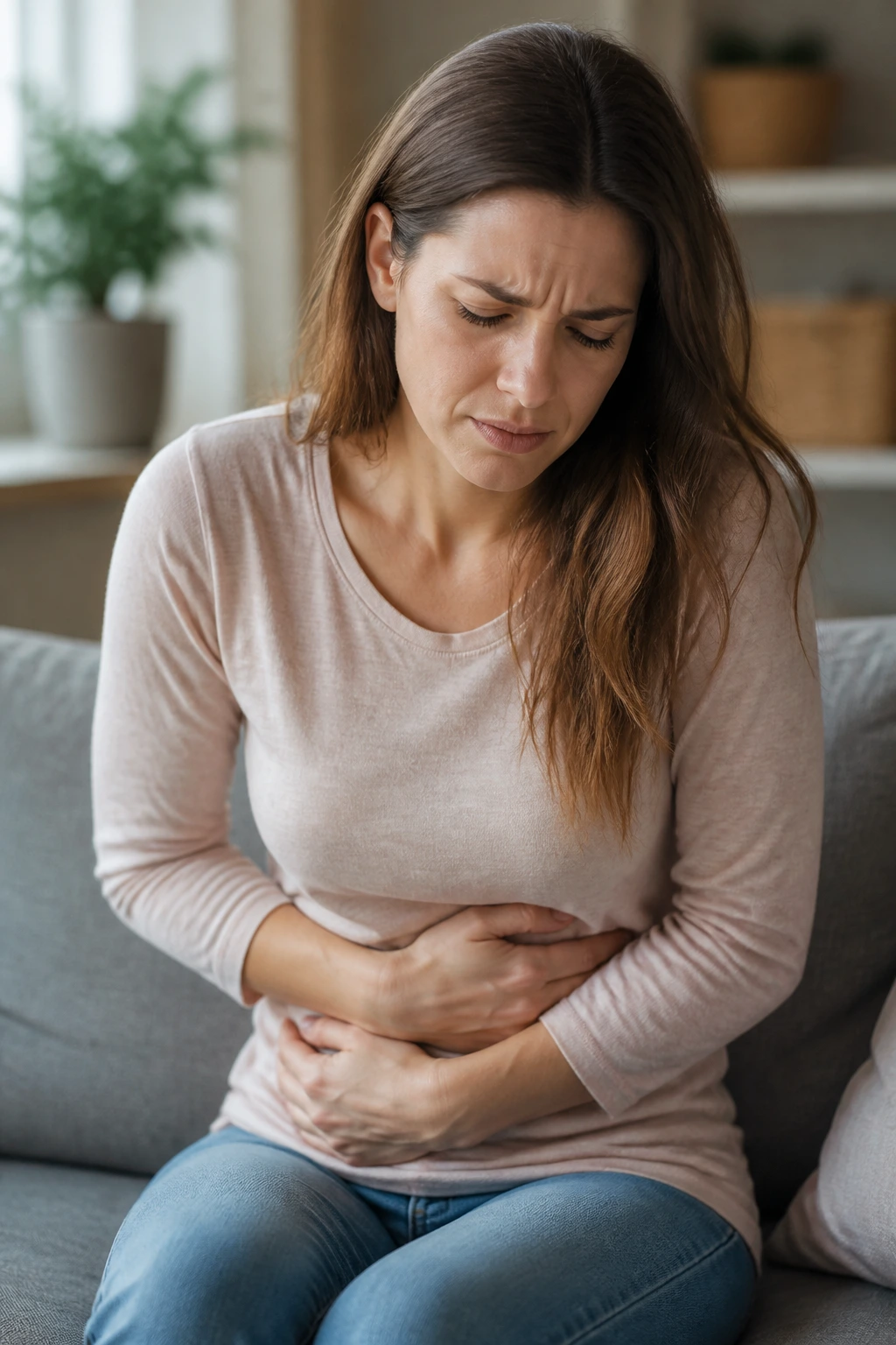 Portrait of a real person showing abdominal discomfort in a home setting