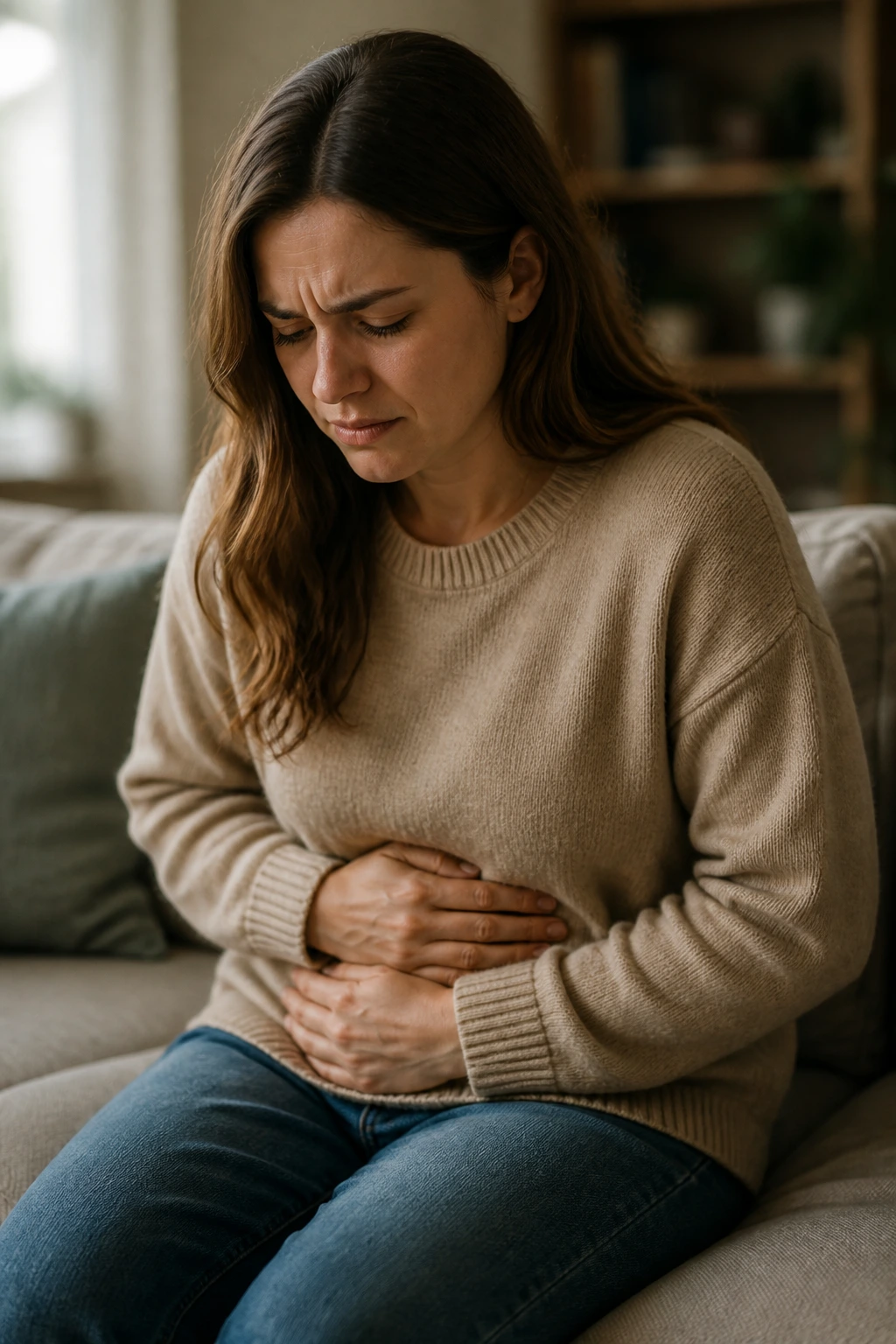 Portrait of a person showing mild abdominal discomfort