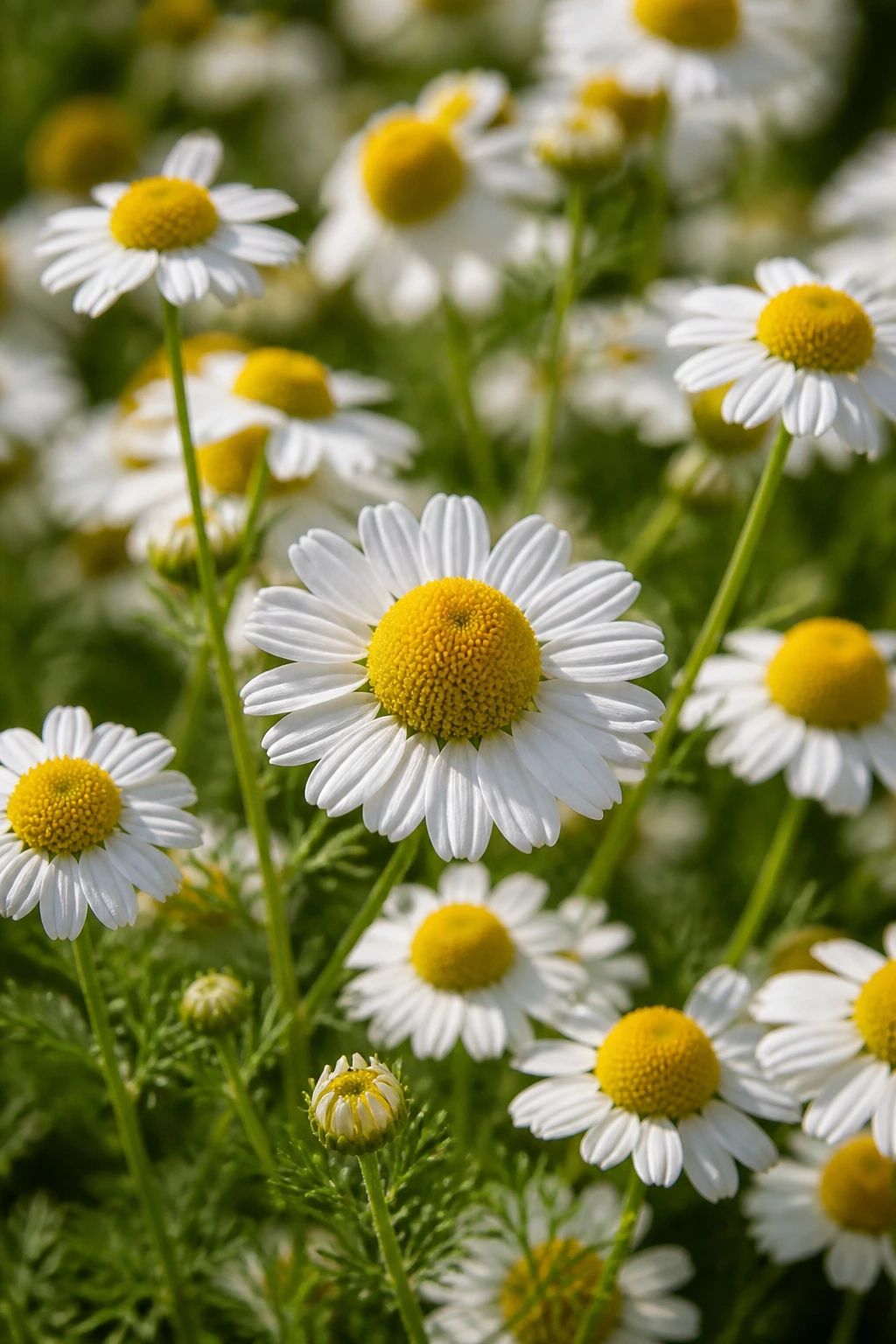 Close-up of chamomile daisies filling the frame in a garden.