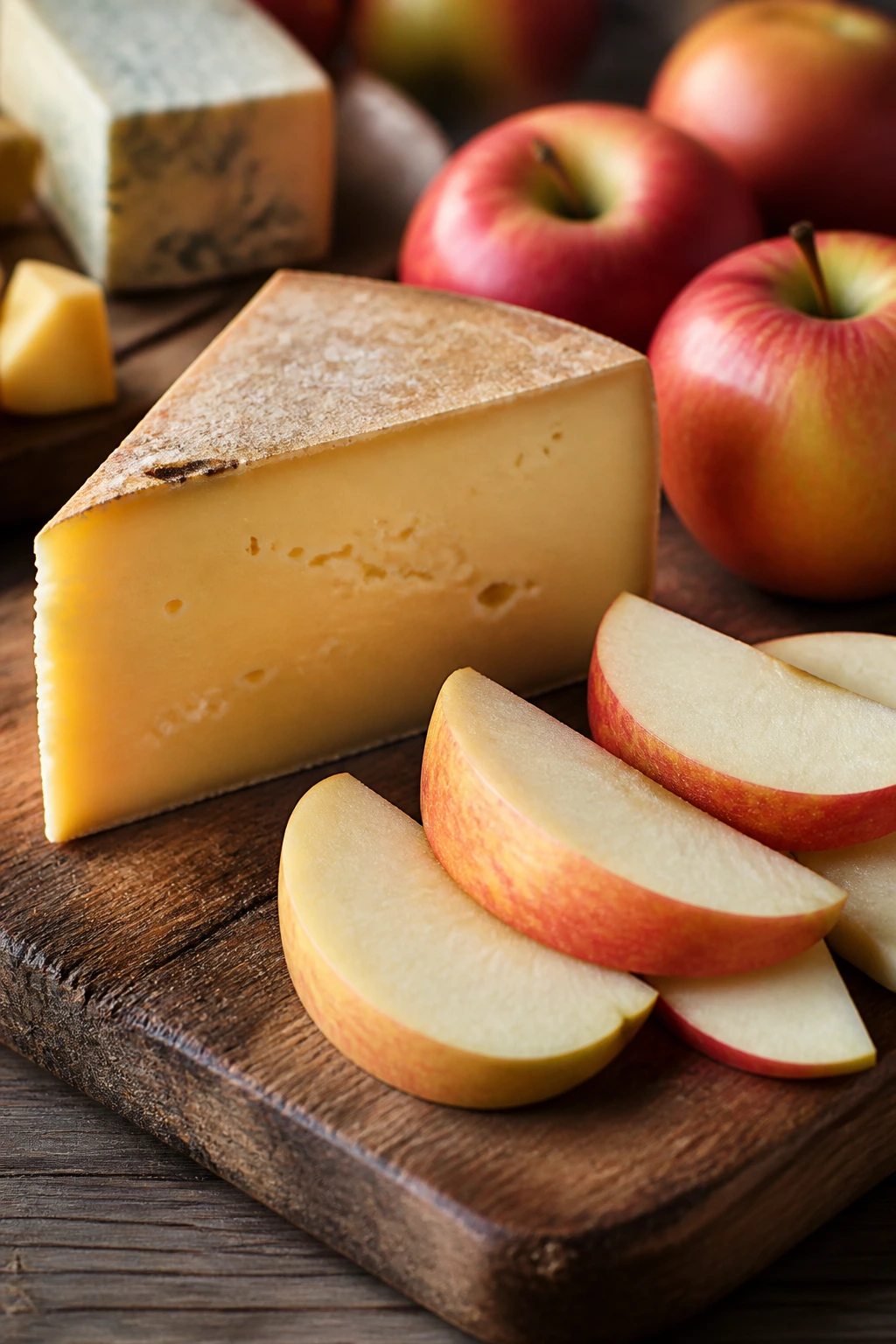 Cheese wedge with apple slices on a rustic board