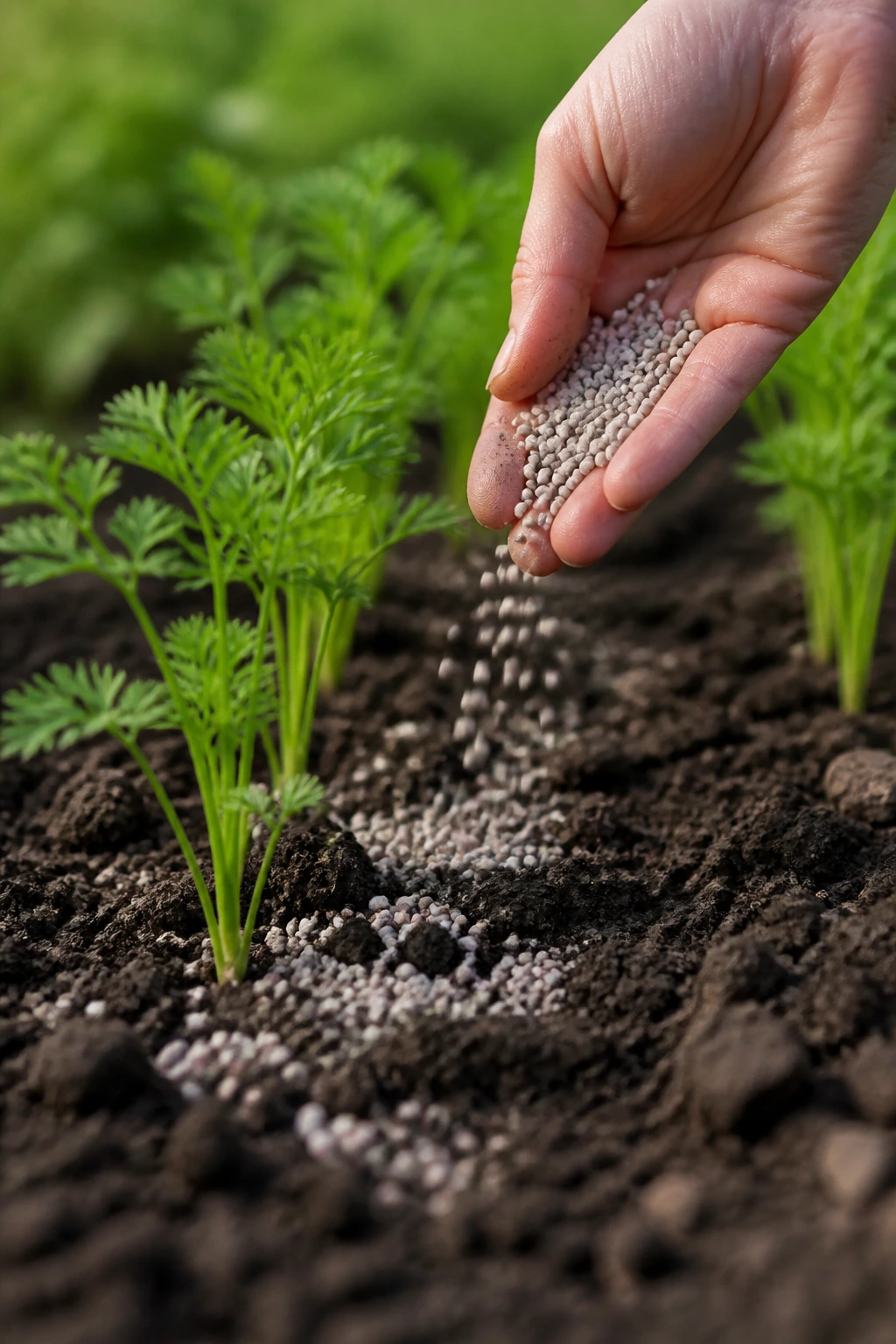 Gardener's Guide: The Best Fertilizer For Carrots 5 Fine granular fertilizer being spread around young carrot plants