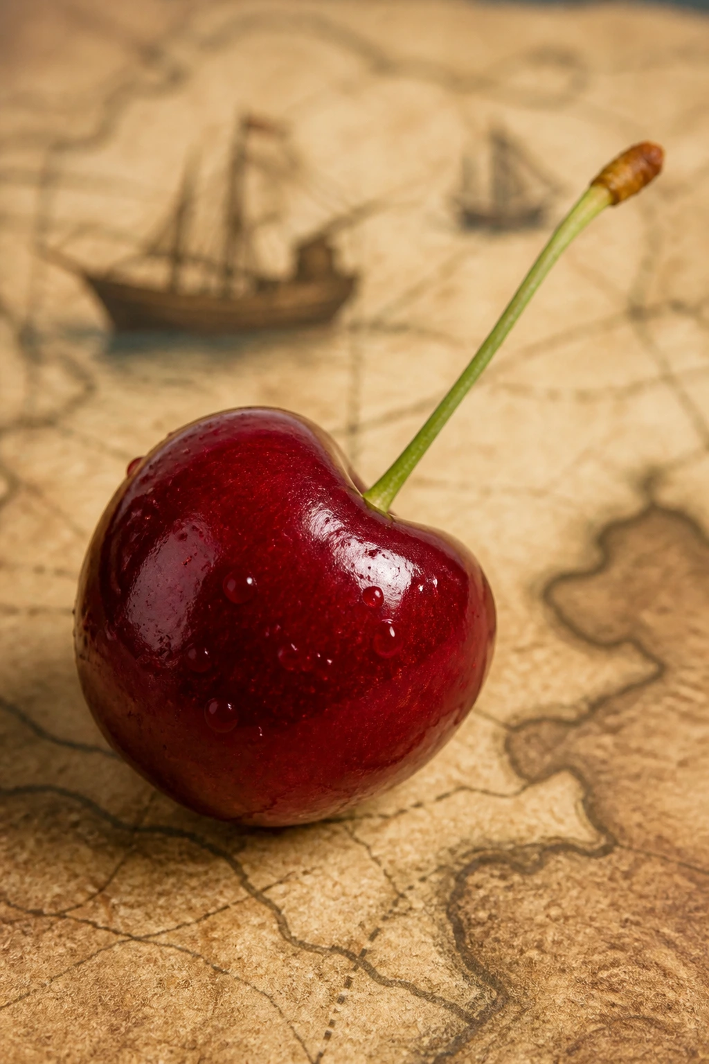 Close up of a cherry on parchment-like background suggesting historical arrival in Algeria