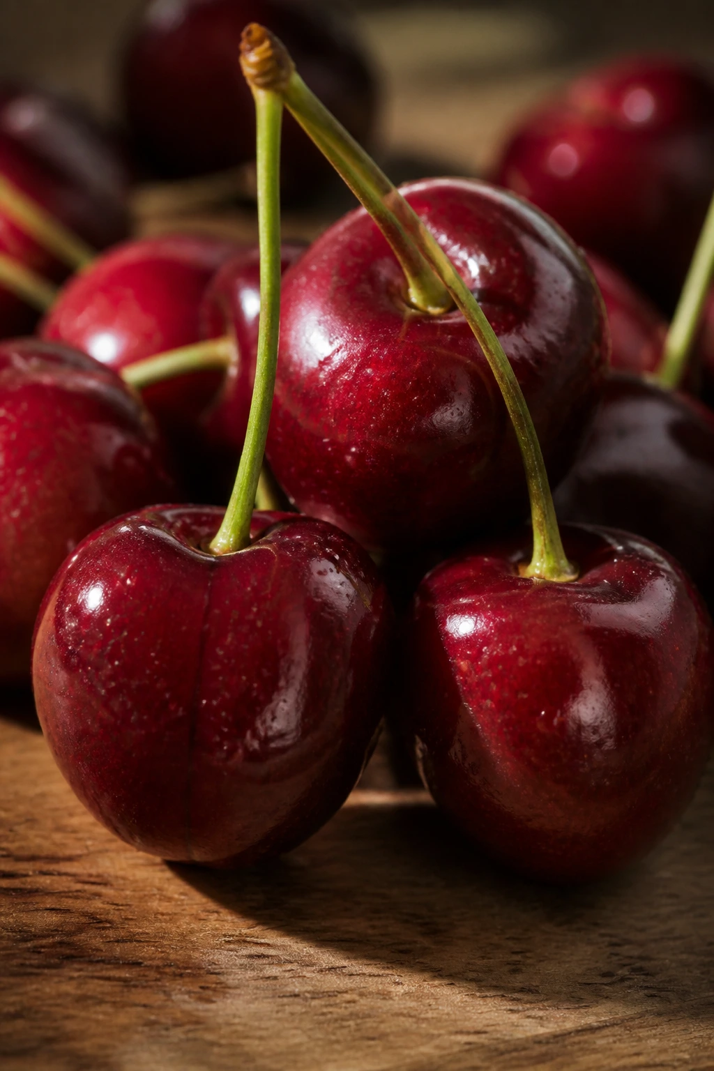 Close-up of red cherries with stems