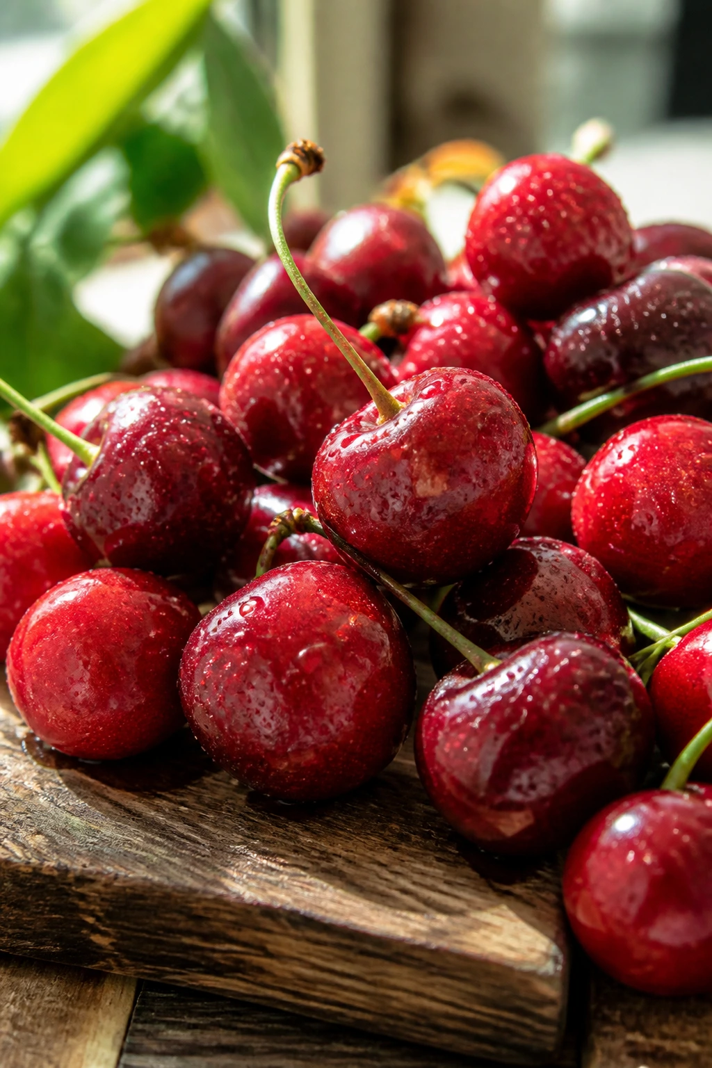 Close-up of ripe red cherries filling the frame on a wooden surface