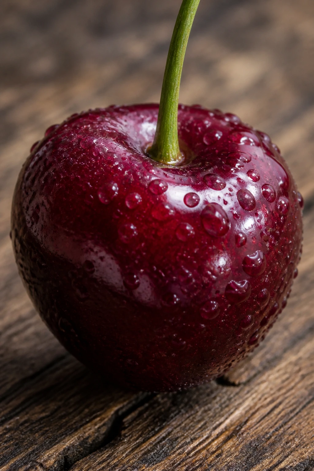 Macro close-up of a single glossy cherry on wood with dew.