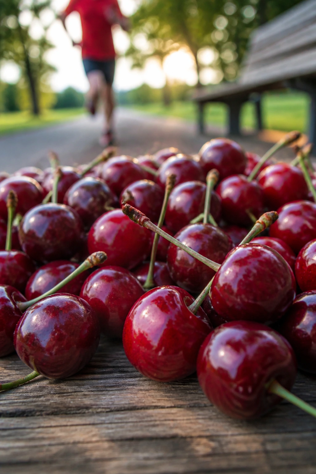 Cherries filling the frame with a park background