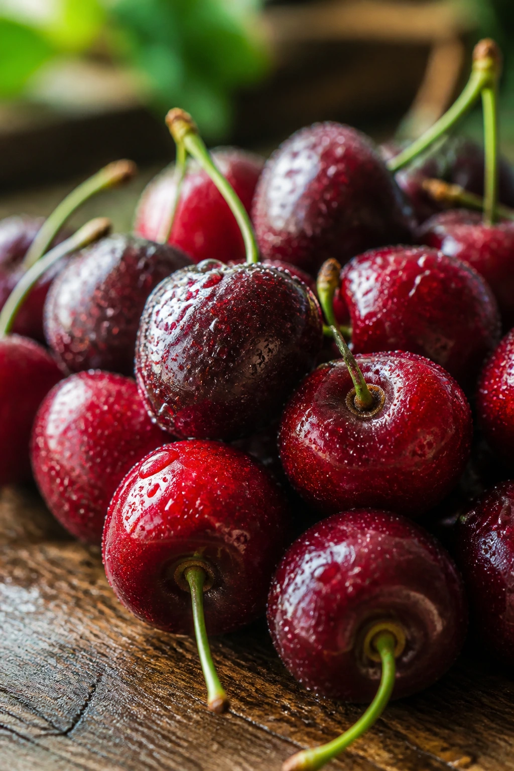 Pregnancy Superfood: Are Cherries Good During Pregnancy? 3 Close-up of red cherries with droplets on wooden surface