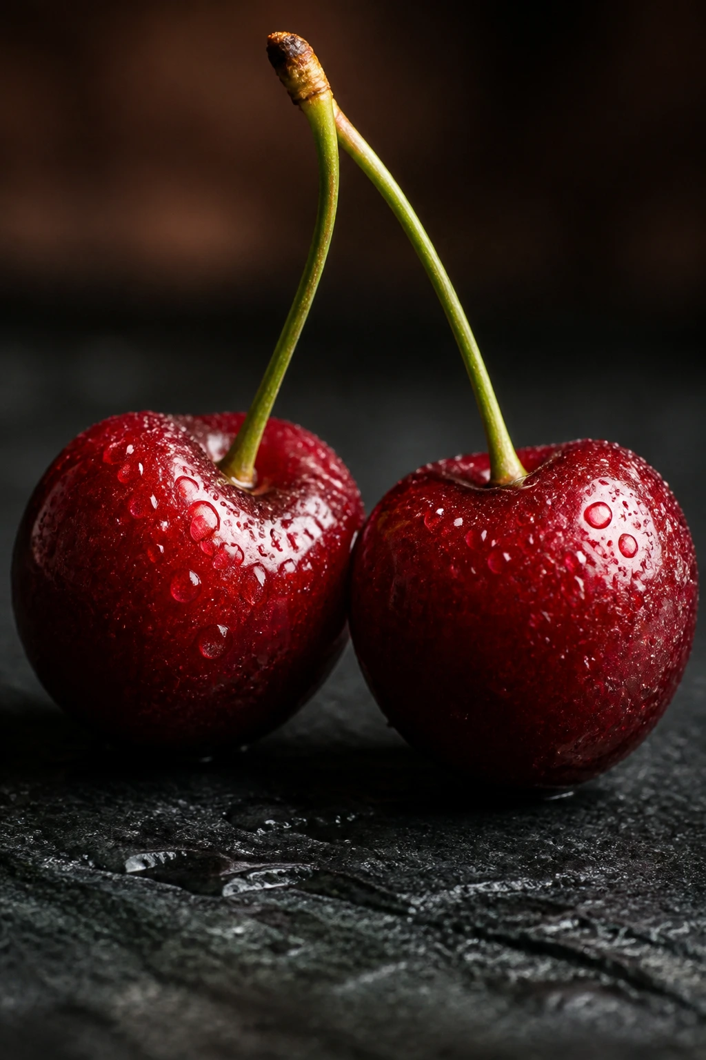 Two glossy cherries on a dark surface under warm light