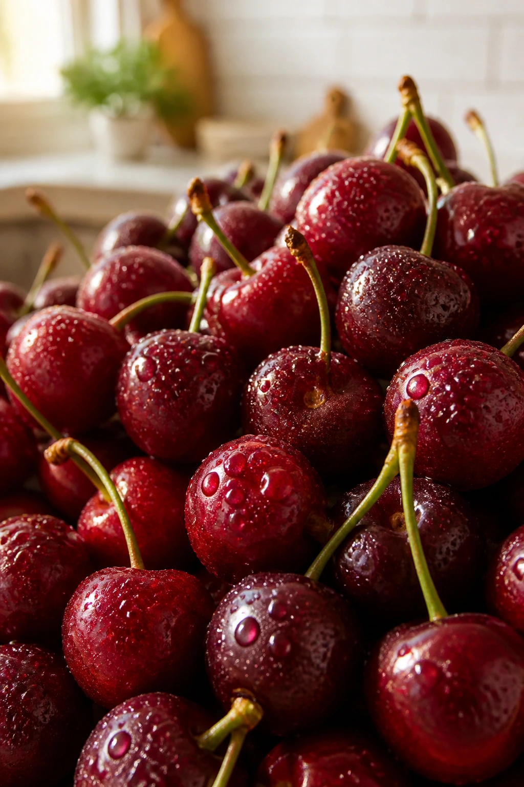 Pregnancy Superfood: Are Cherries Good During Pregnancy? 6 Cherries filling frame with warm kitchen lighting
