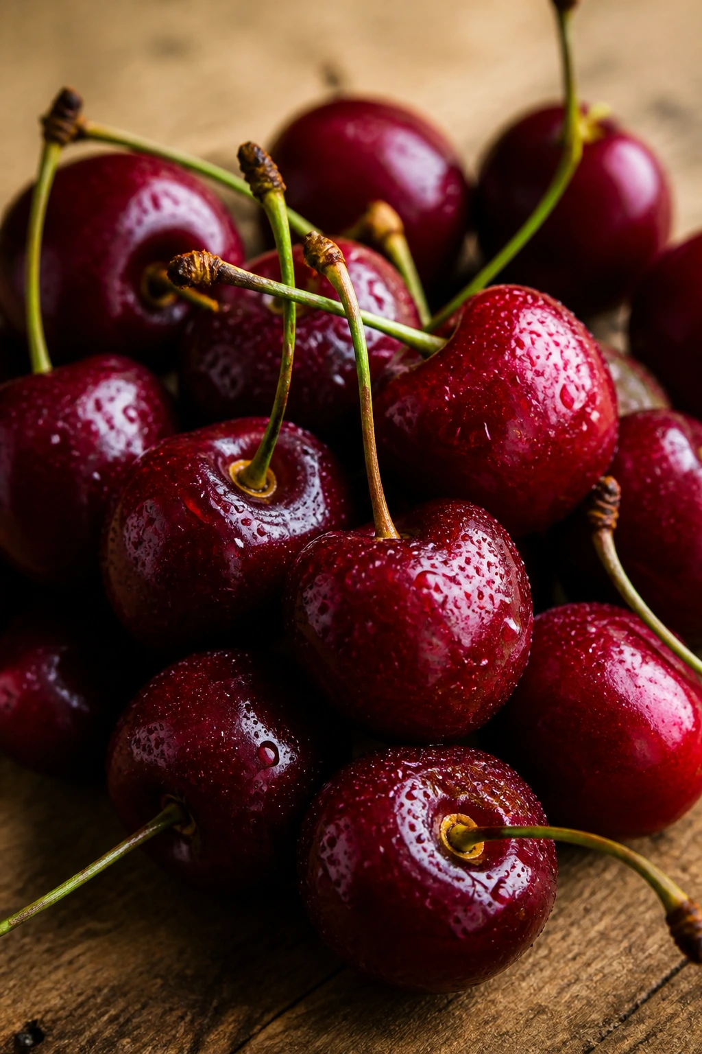 Handful of cherries filling the frame on wood background
