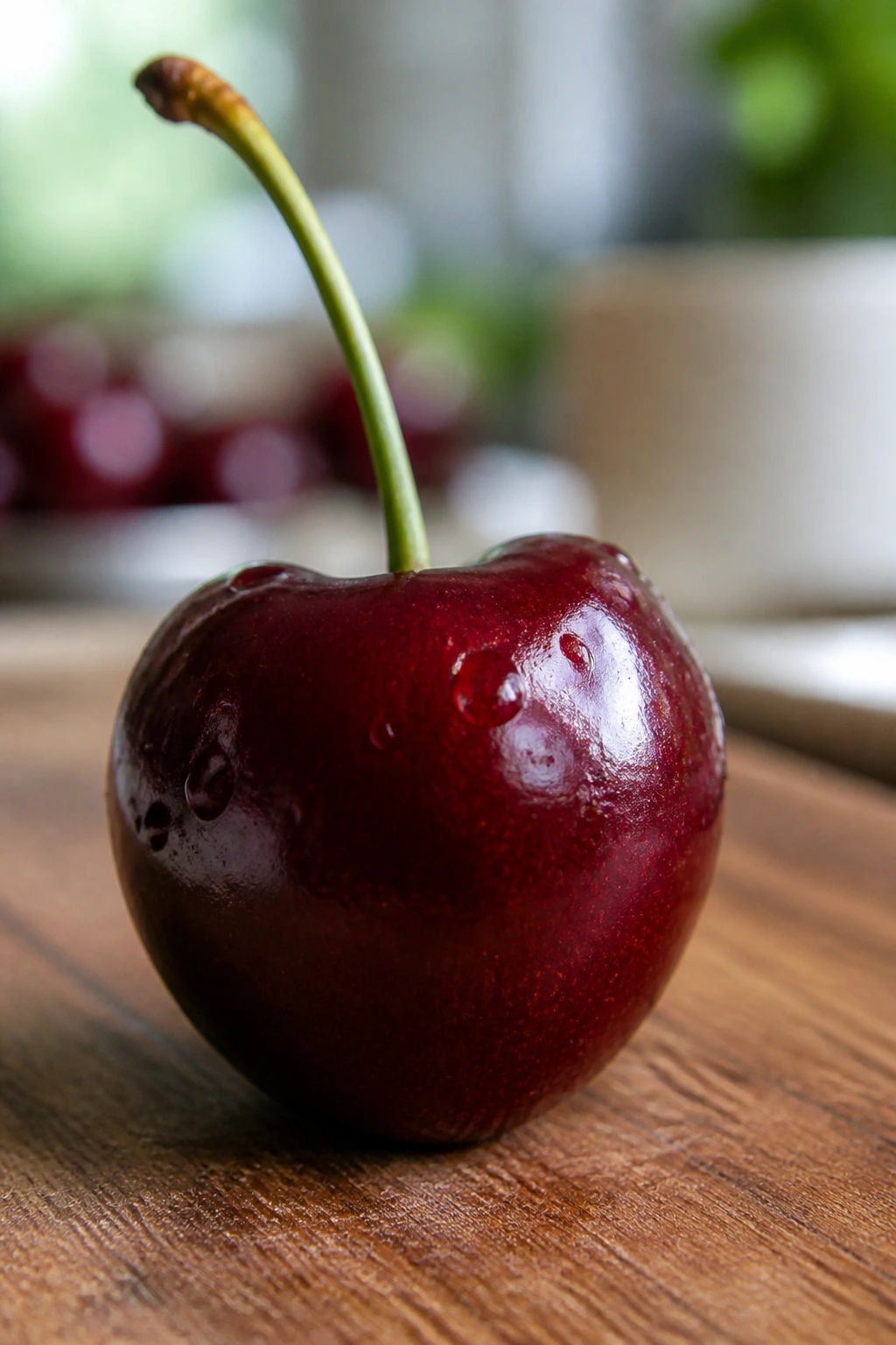 Single cherry on cutting board highlighting healthful fruit