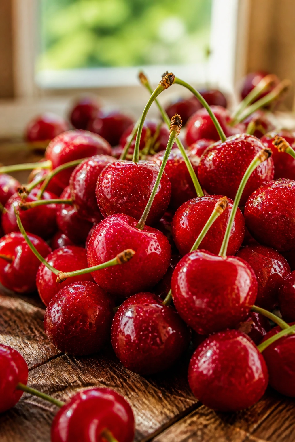 Pregnancy Superfood: Are Cherries Good During Pregnancy? 5 Red cherries filling the frame on a wooden surface