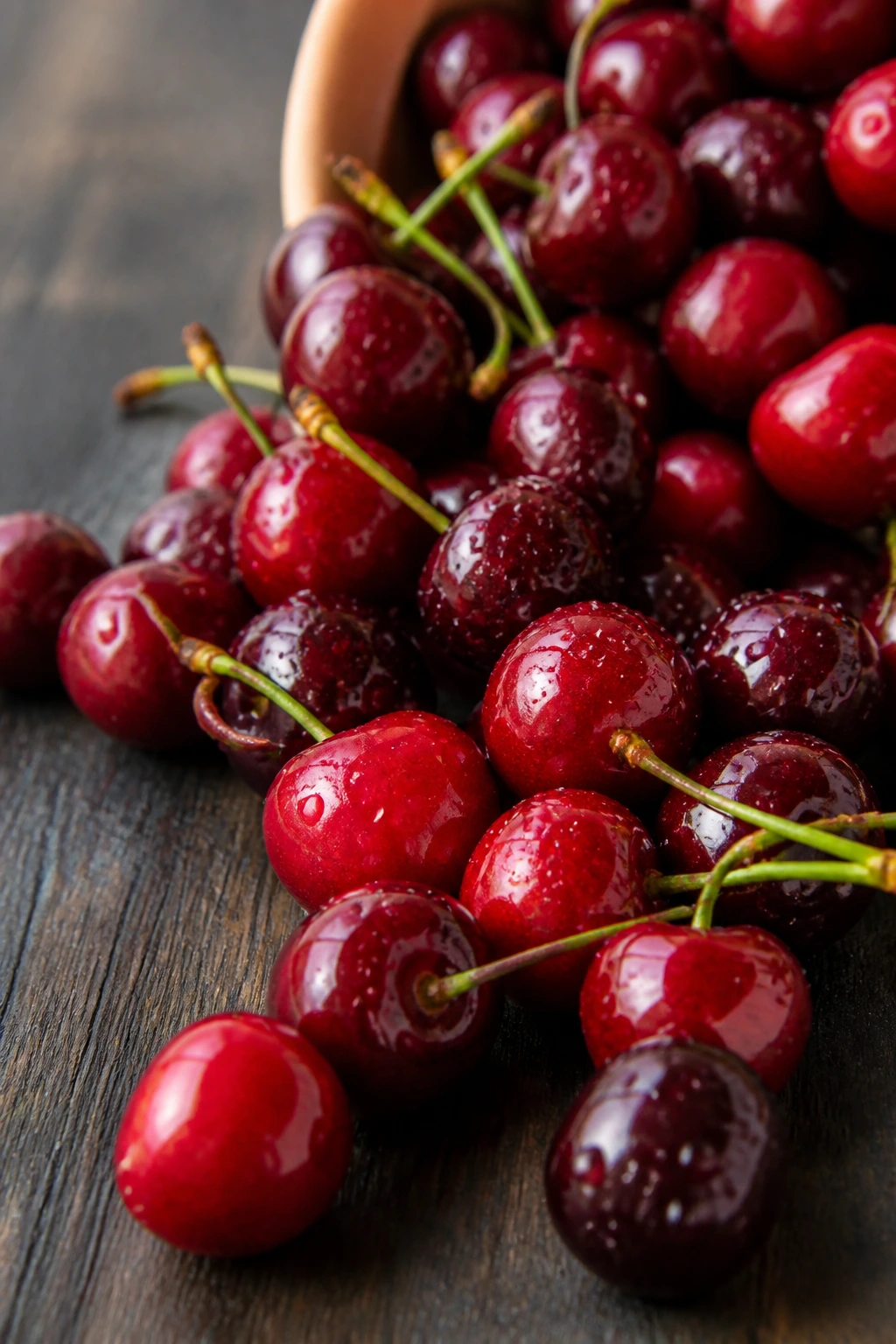 Medium close-up of bright cherries spilling on a wooden table.
