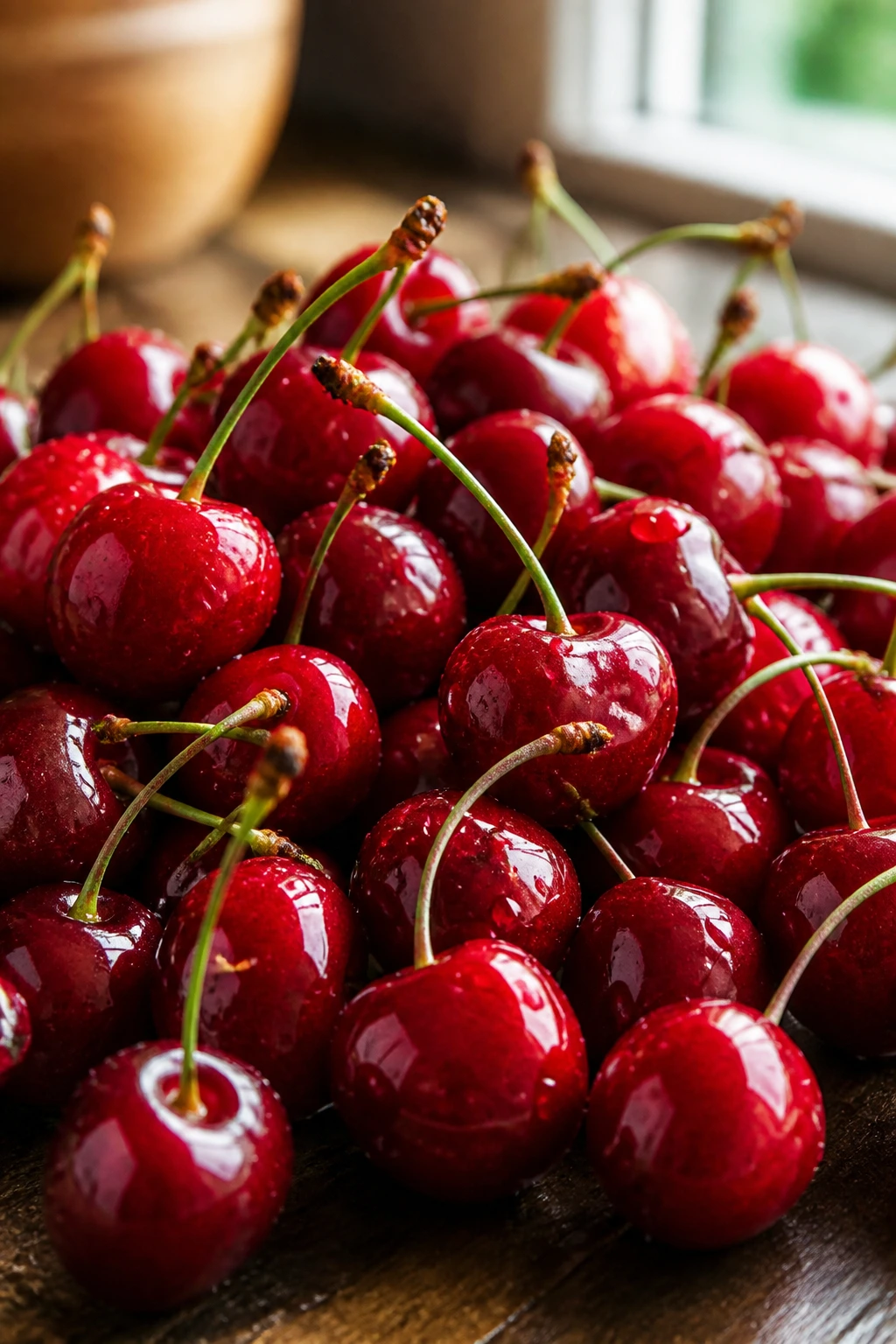 Close-up of glossy red cherries on a rustic kitchen counter.