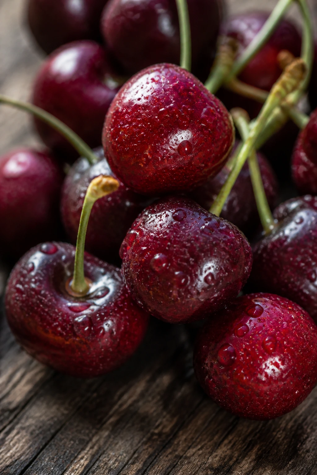 Ripe cherries filling the frame on wood surface