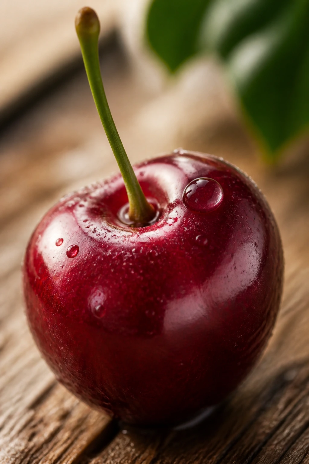 Close-up of a glossy cherry on a wooden surface highlighting nutrition