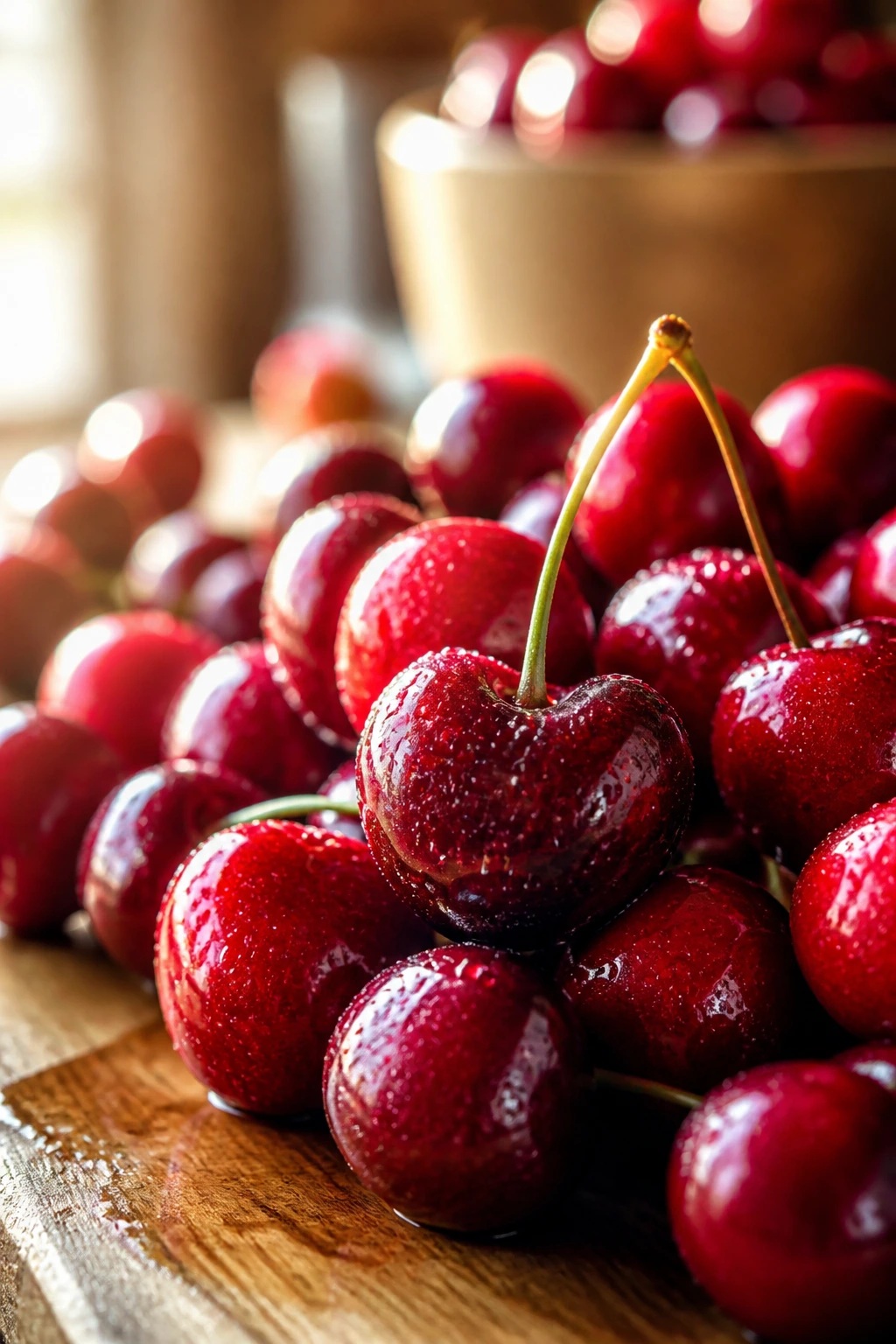 Pregnancy Superfood: Are Cherries Good During Pregnancy? 1 Close-up of glossy red cherries filling the frame on a wooden cutting board in a warm kitchen