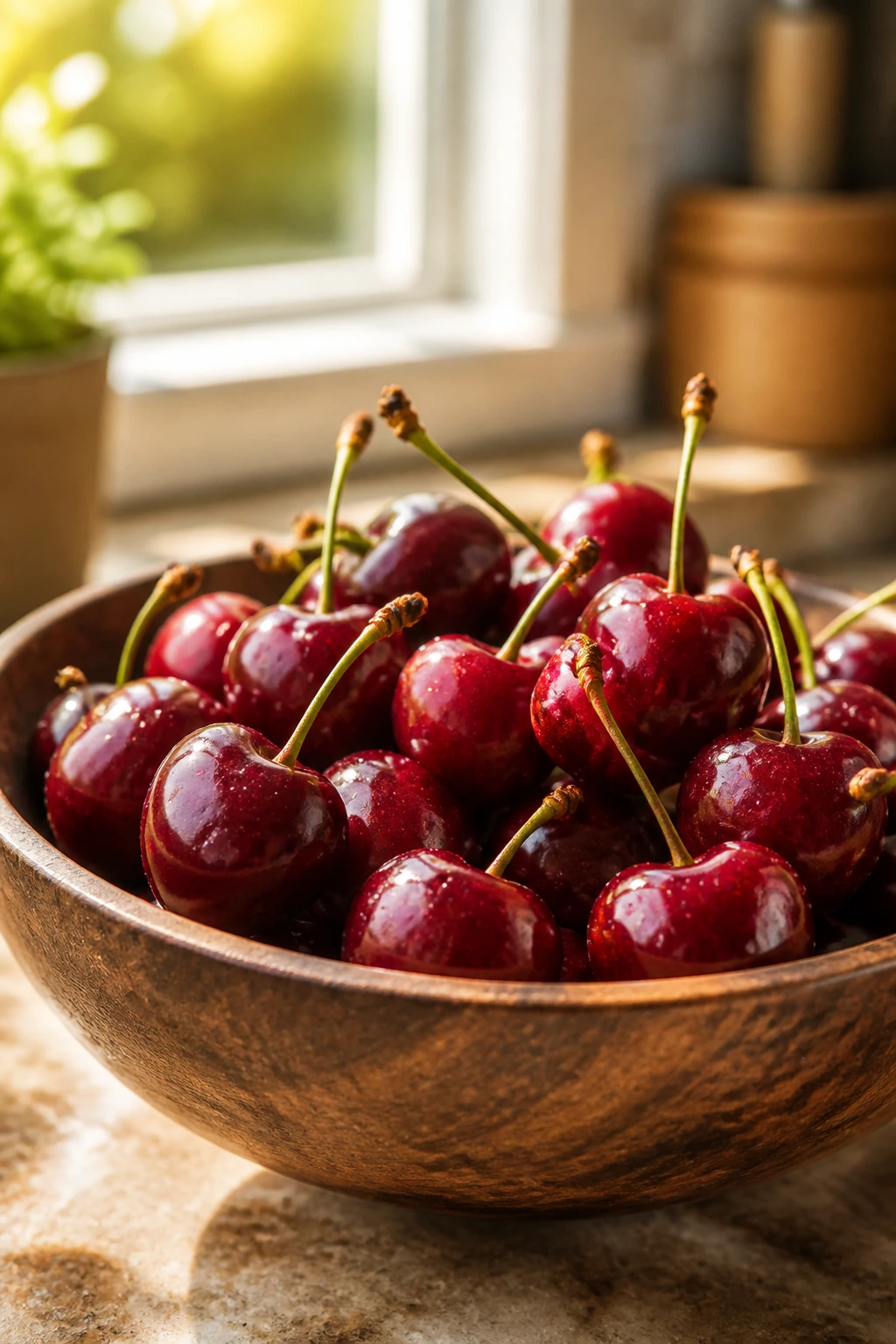 Pregnancy Superfood: Are Cherries Good During Pregnancy? 13 Close-up of fresh red cherries in a rustic bowl on a kitchen counter