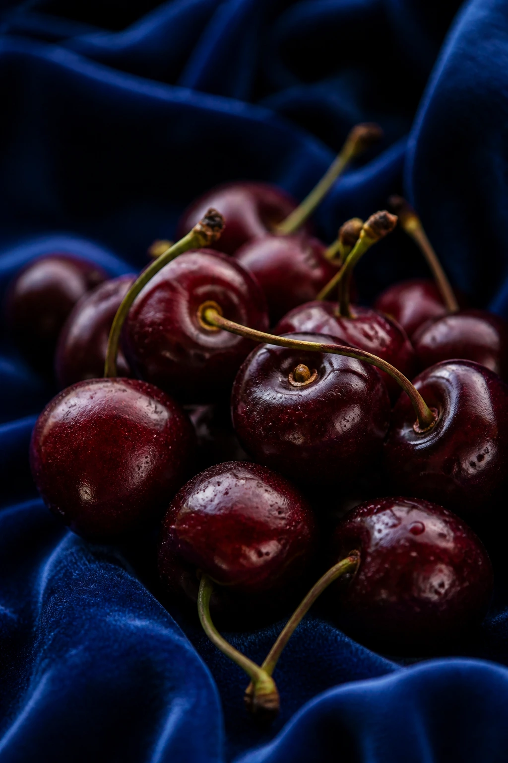 Pregnancy Superfood: Are Cherries Good During Pregnancy? 8 Cherries on blue velvet in a cozy nighttime setting