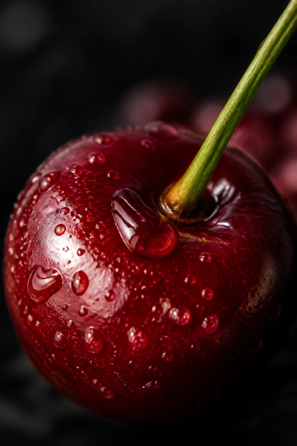 Close-up of a single cherry with dew drop