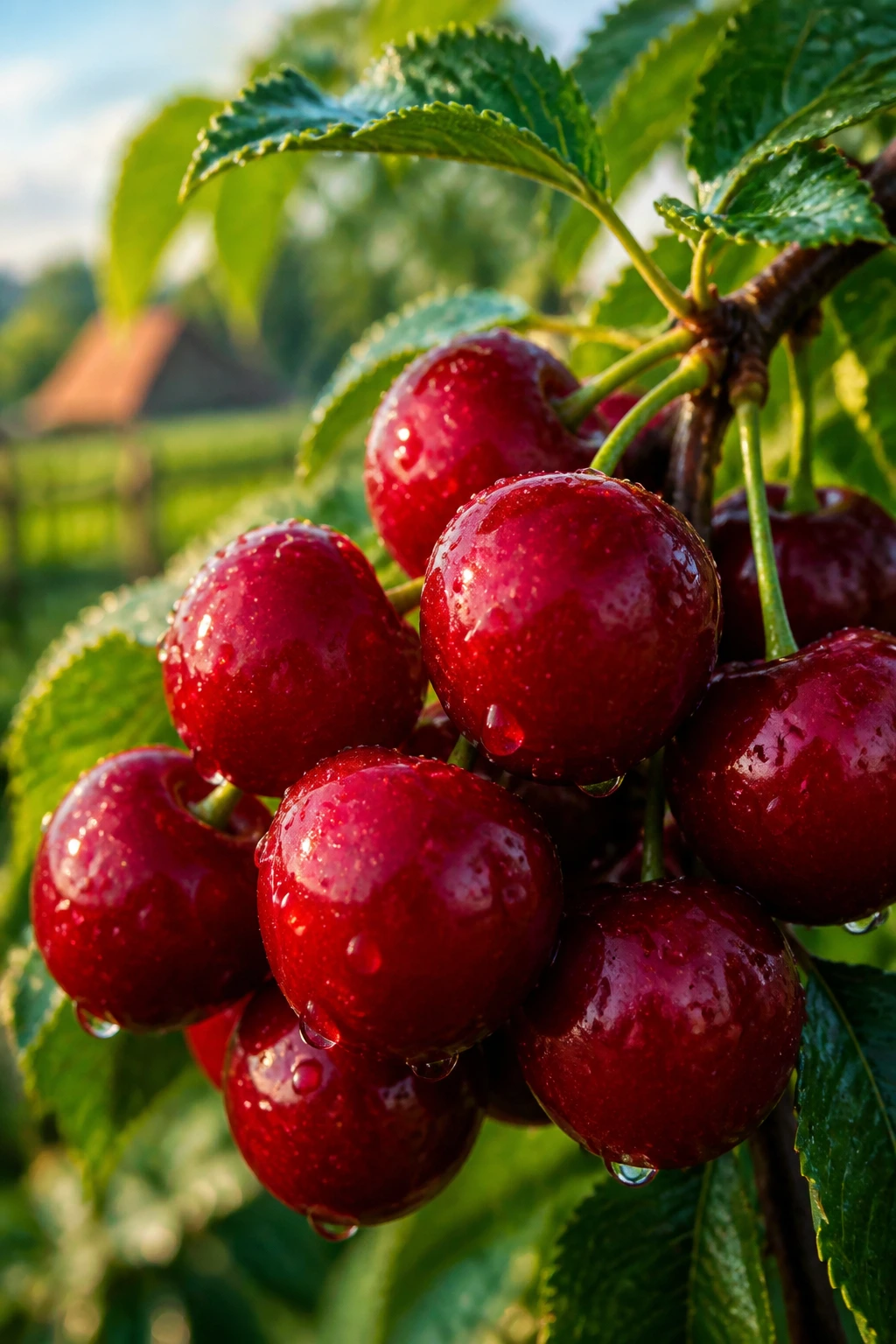 Cluster of bright red cherries in Ukrainian garden with sunlight