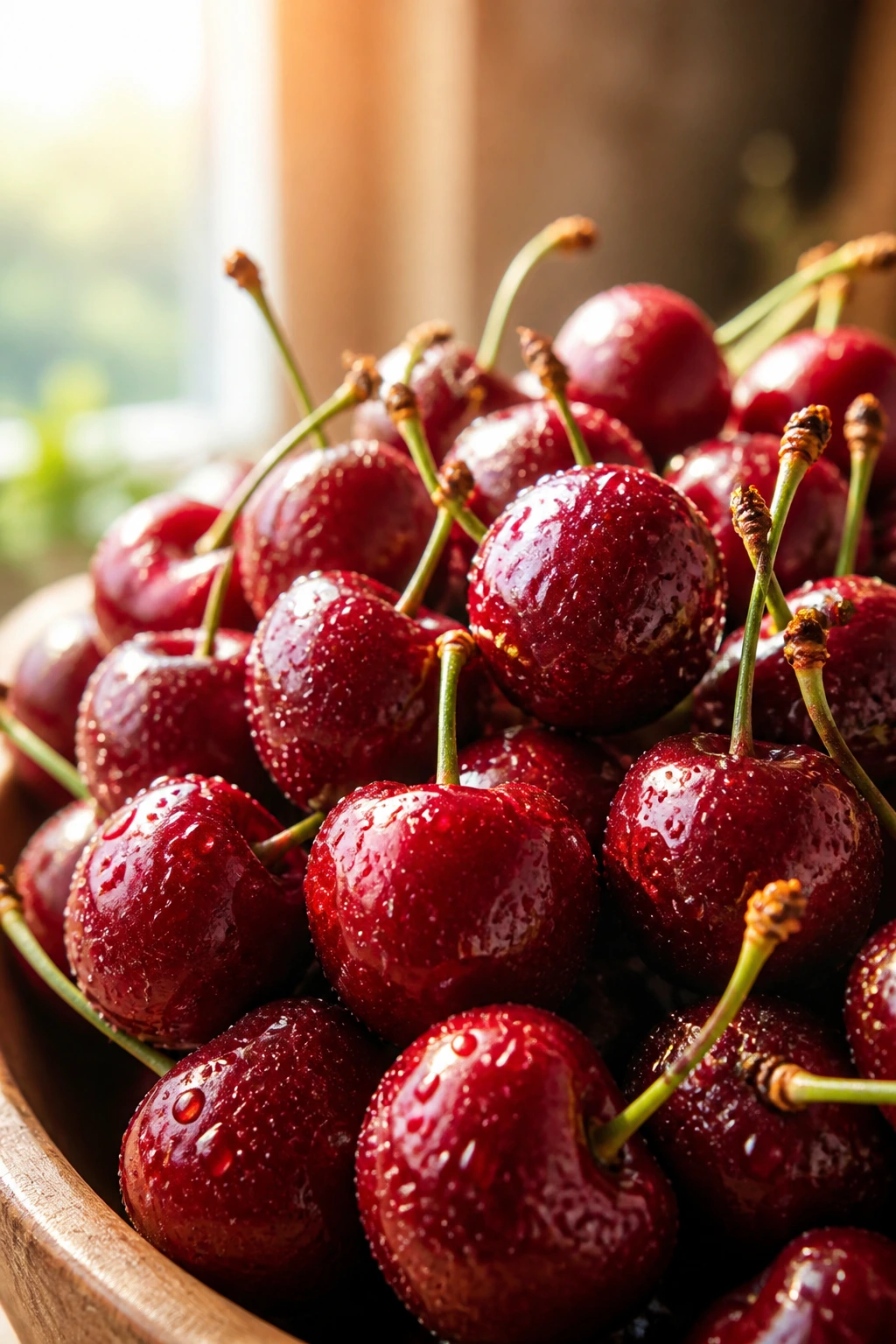Pregnancy Superfood: Are Cherries Good During Pregnancy? 4 Bright cherries filling the frame in a warm kitchen setting