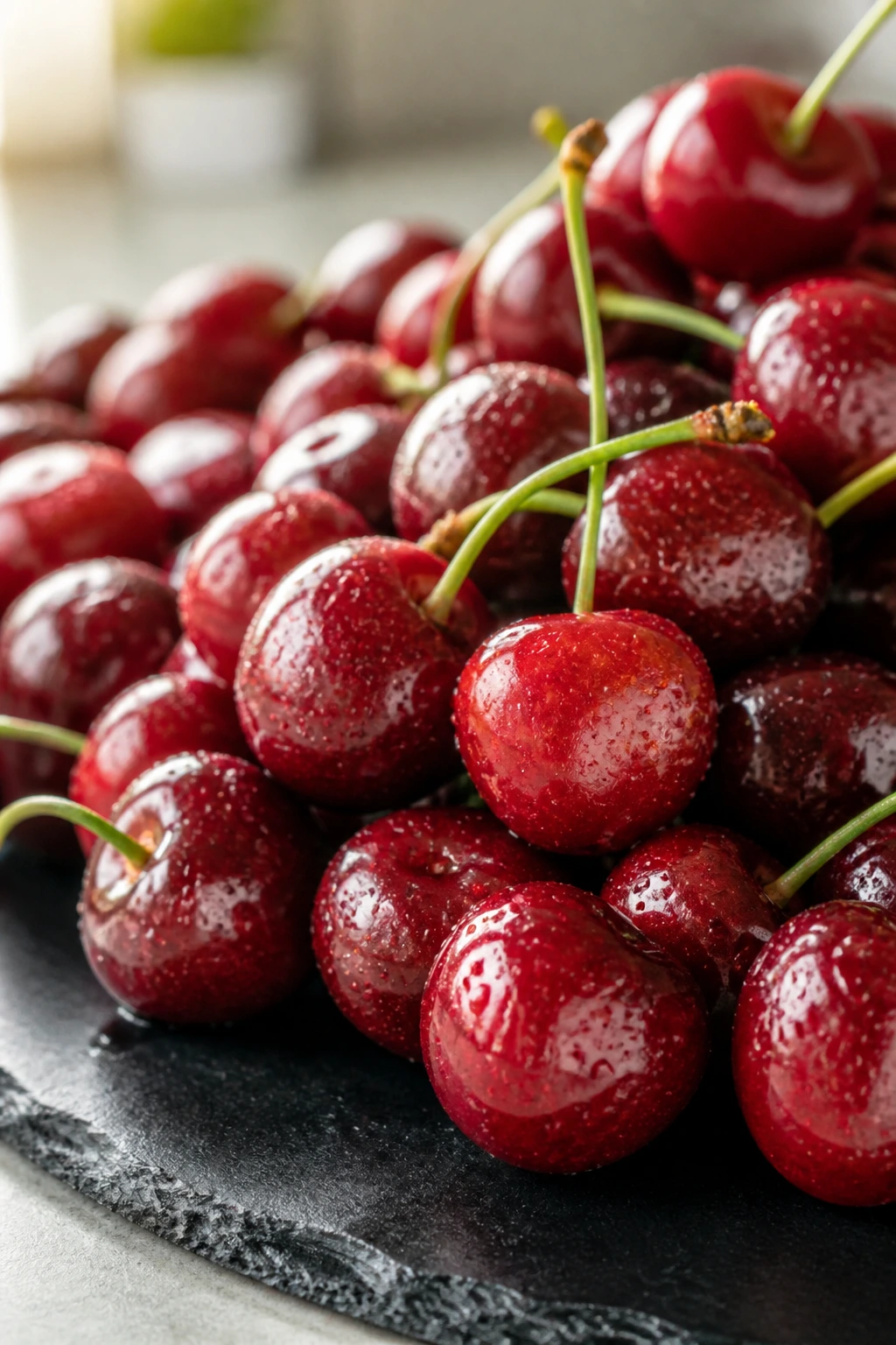 Pregnancy Superfood: Are Cherries Good During Pregnancy? 2 Dense cluster of glossy red cherries filling the frame on a slate board