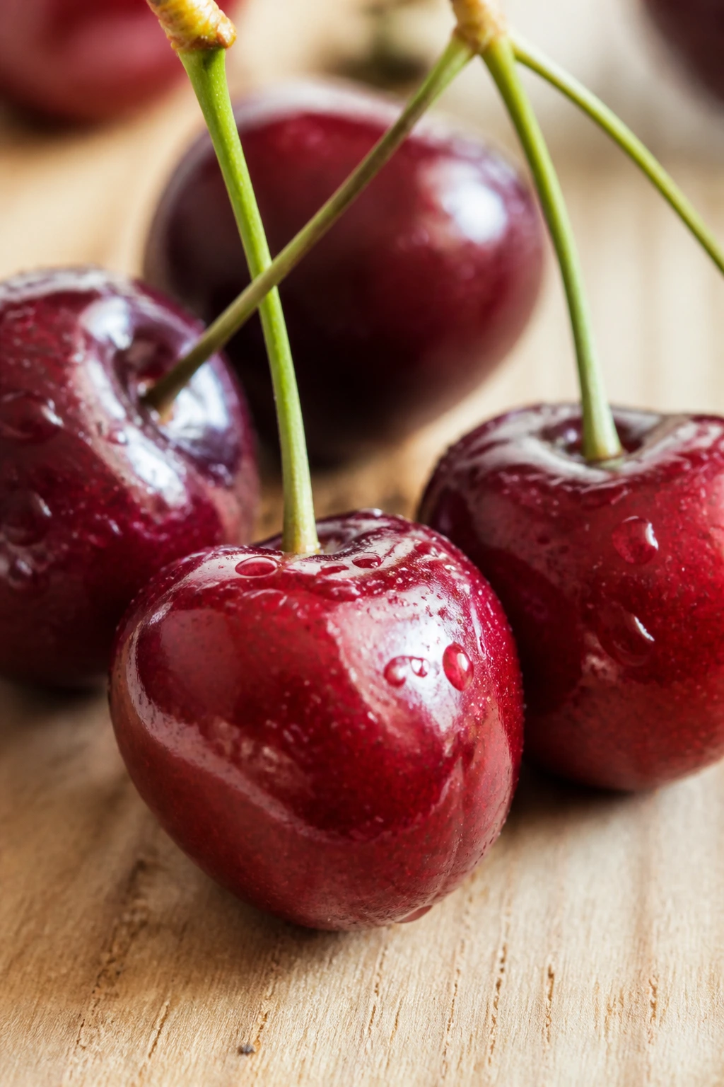 Cluster of ripe cherries on a wooden surface with glossy red skin
