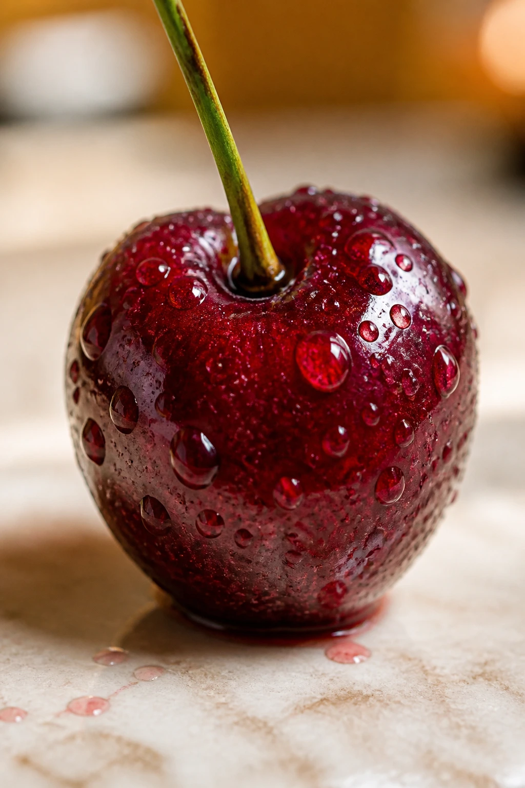 Close-up of a cherry with juice droplets on a neutral countertop