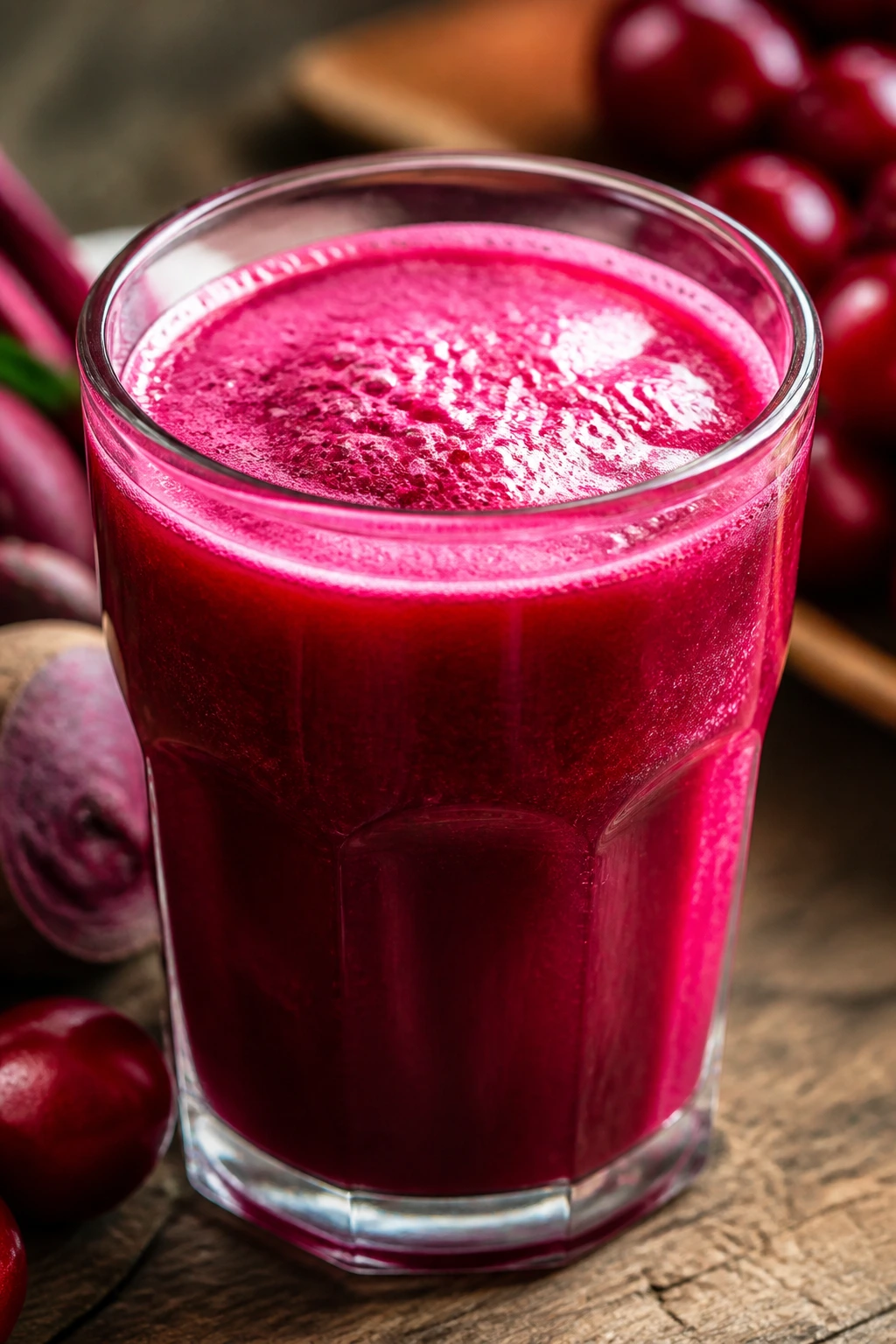 Close-up of pink cherry beet juice glass on rustic table