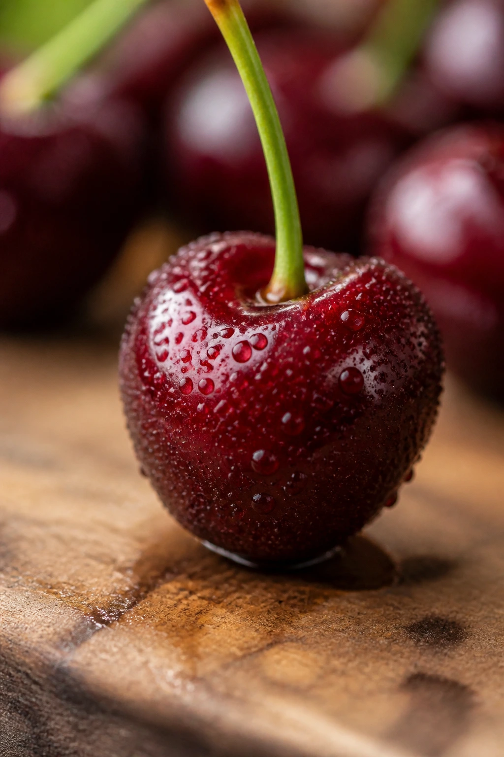 Close-up of a ripe cherry with water droplets on a wooden surface