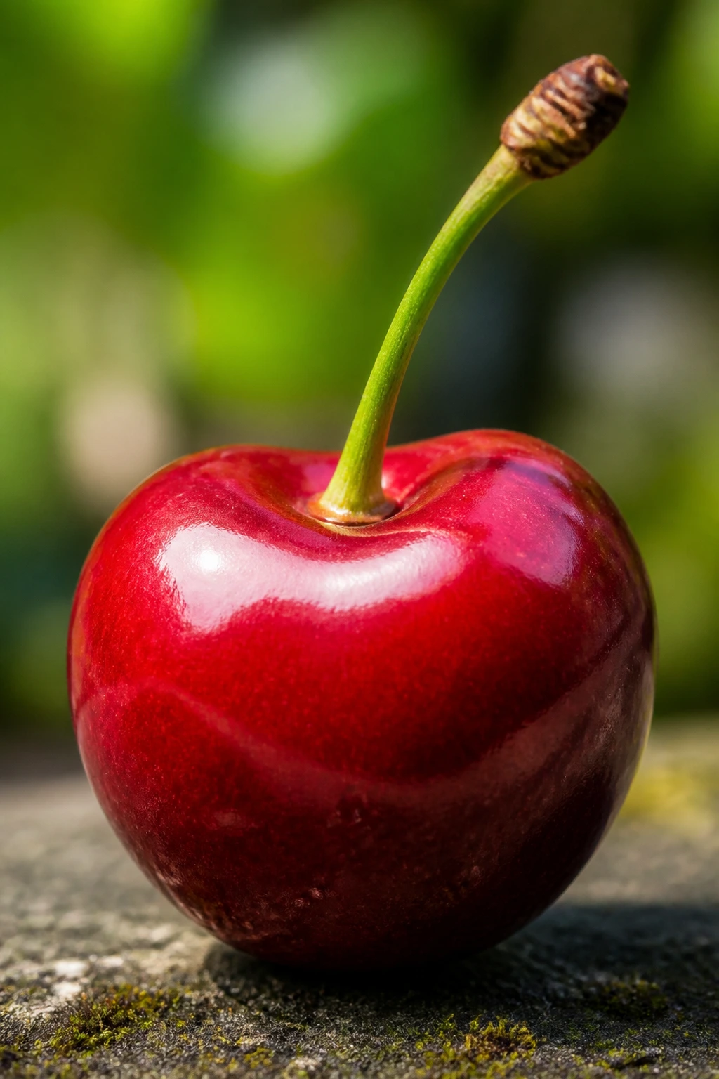 Bright red cherry with stem filling the frame