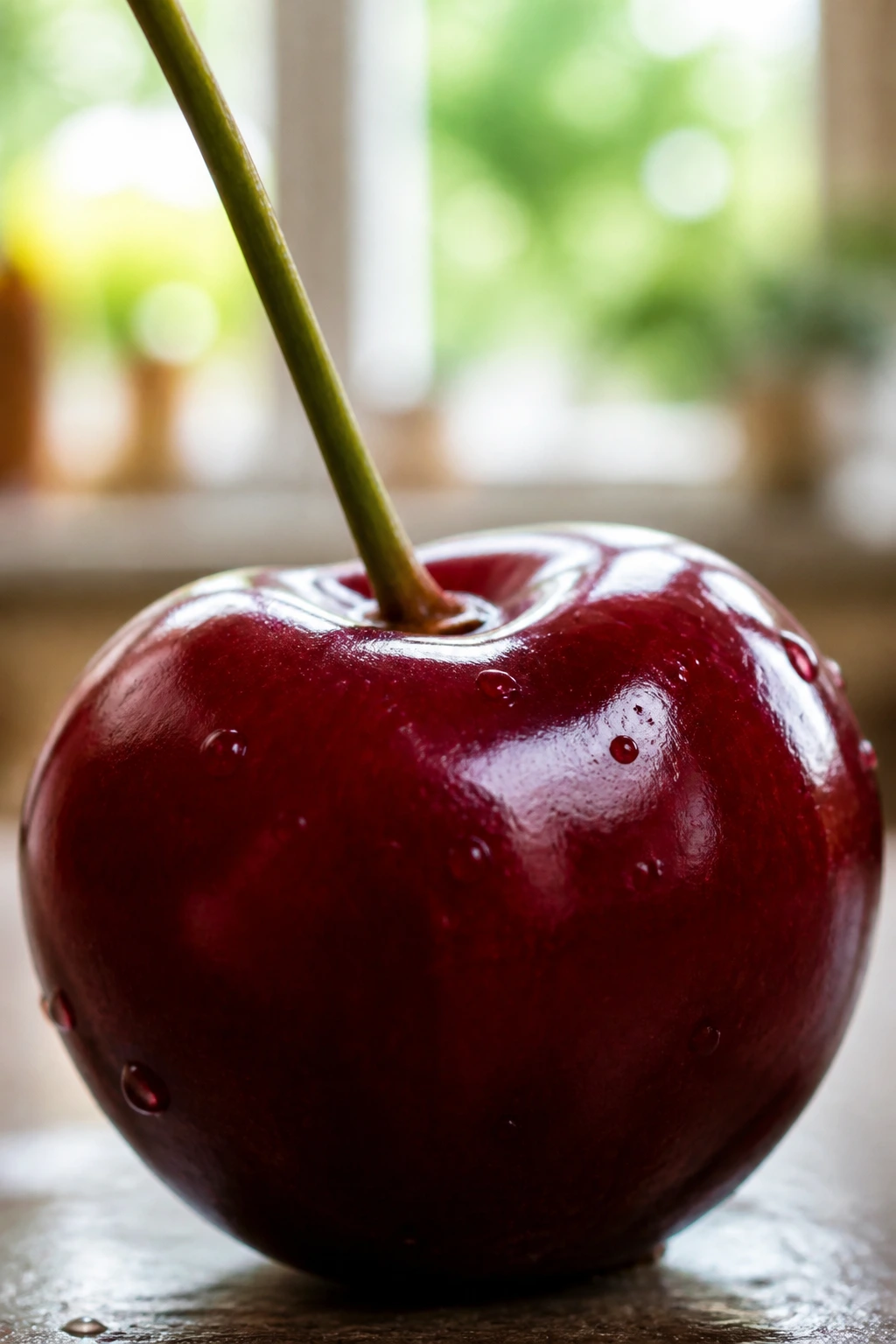 Close-up of a cherry with blurred kitchen background