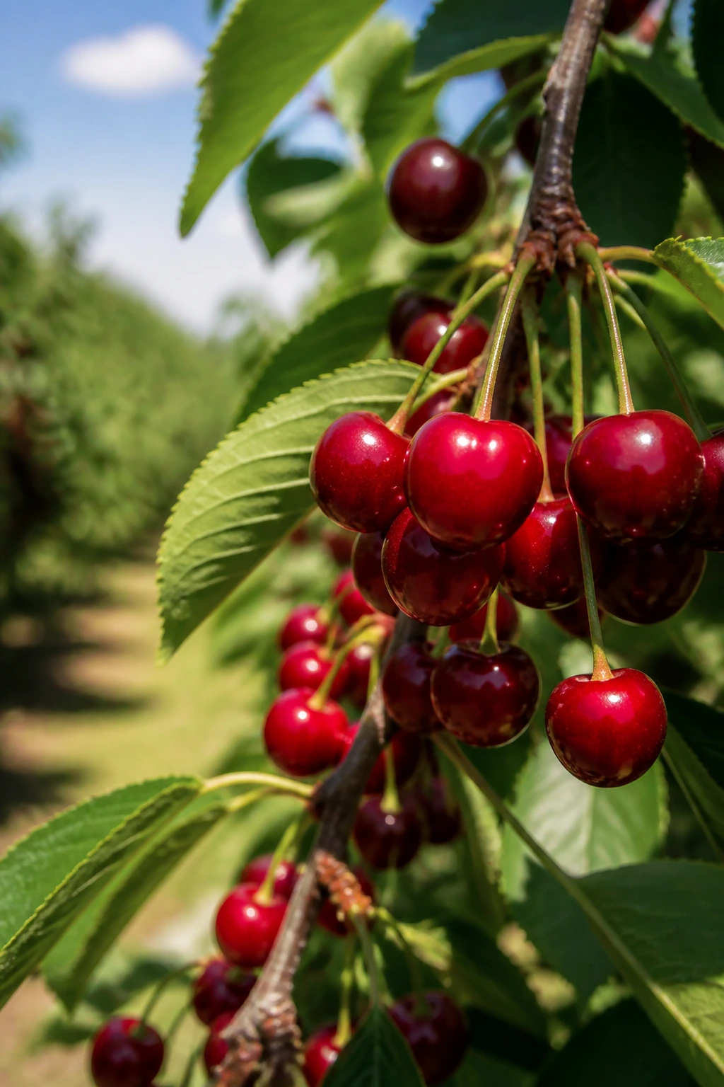 Cherries on a sunlit farm branch