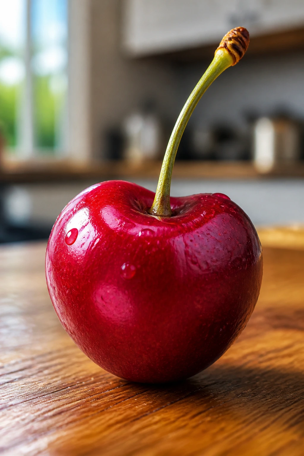 Close-up of a single red cherry with stem on a wooden surface