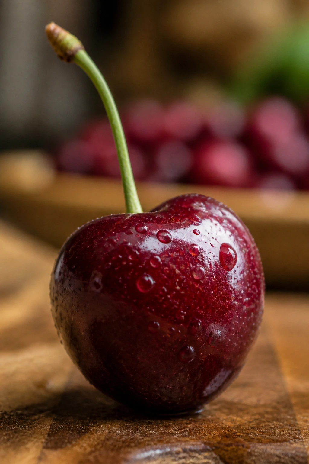Close-up of a ripe cherry on a wooden surface under soft kitchen light