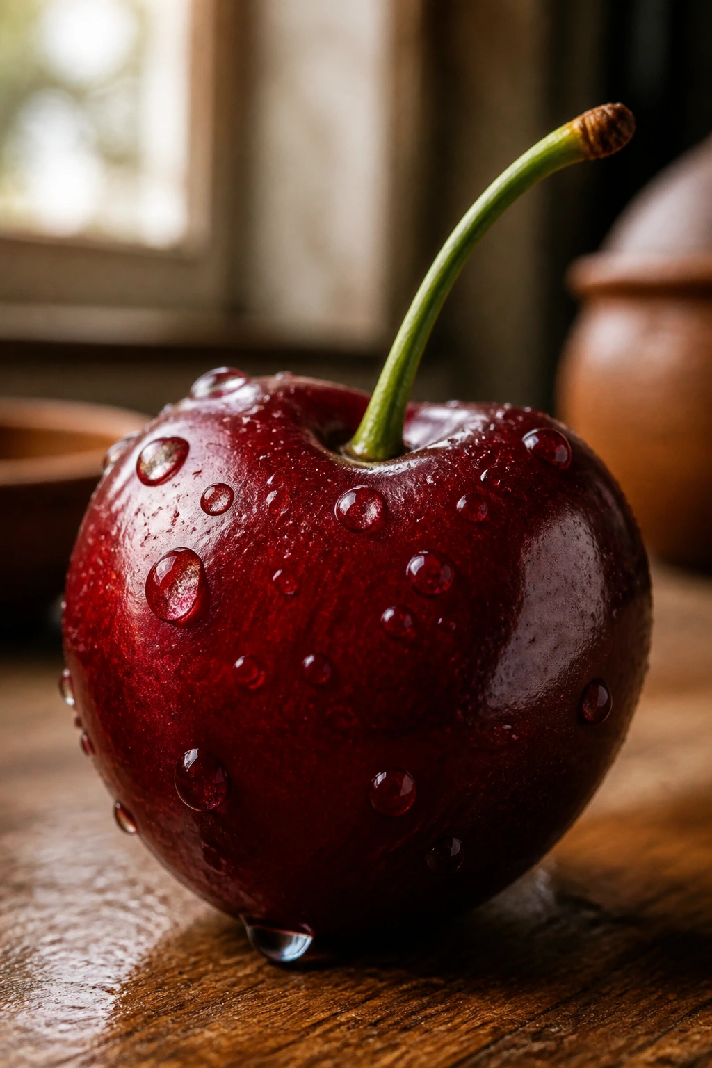 Macro shot of a ripe cherry with dew on wooden kitchen surface
