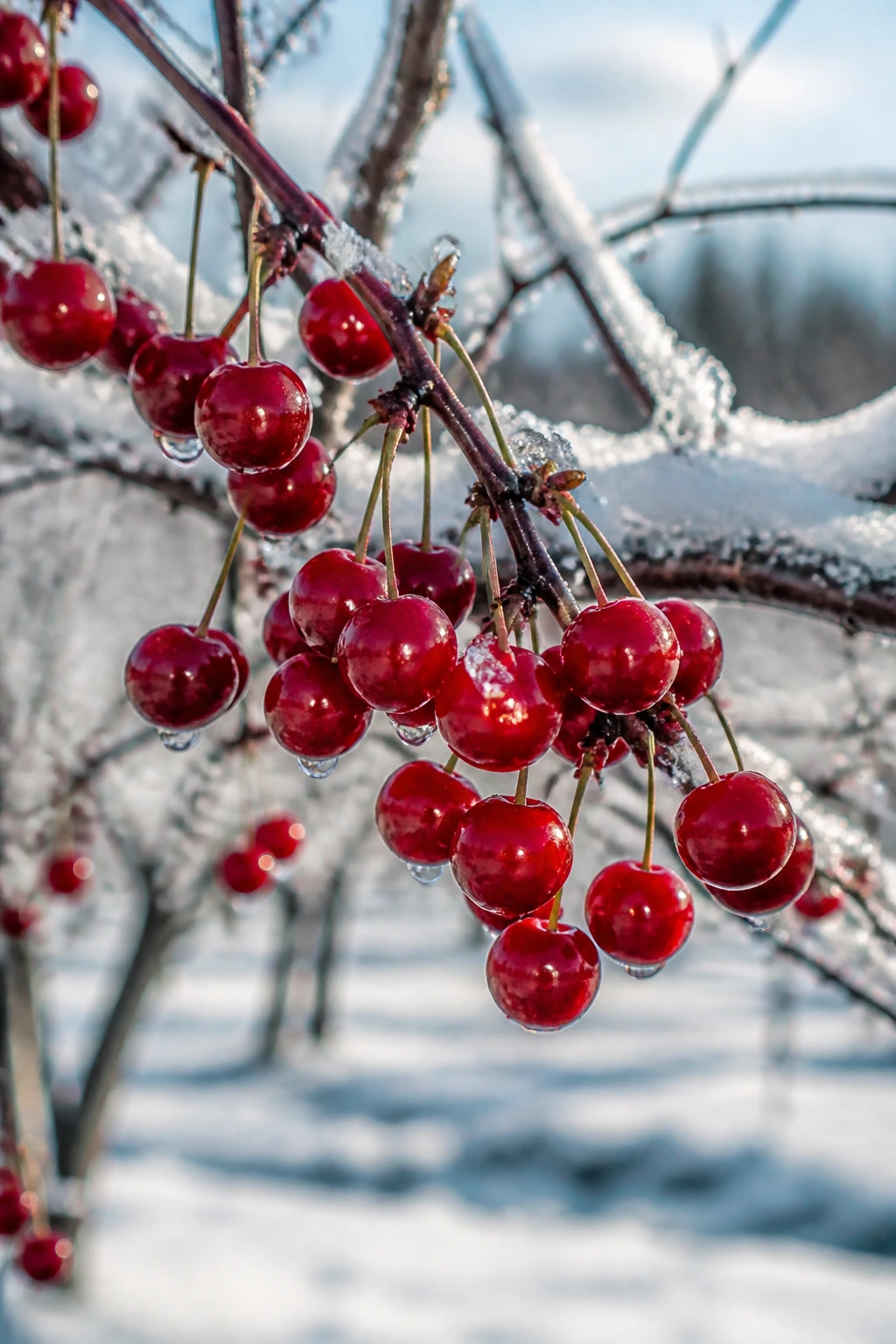 The Best Fruit Trees for Zone 3 2 Montmorency sour cherry branch in winter light with red cherries
