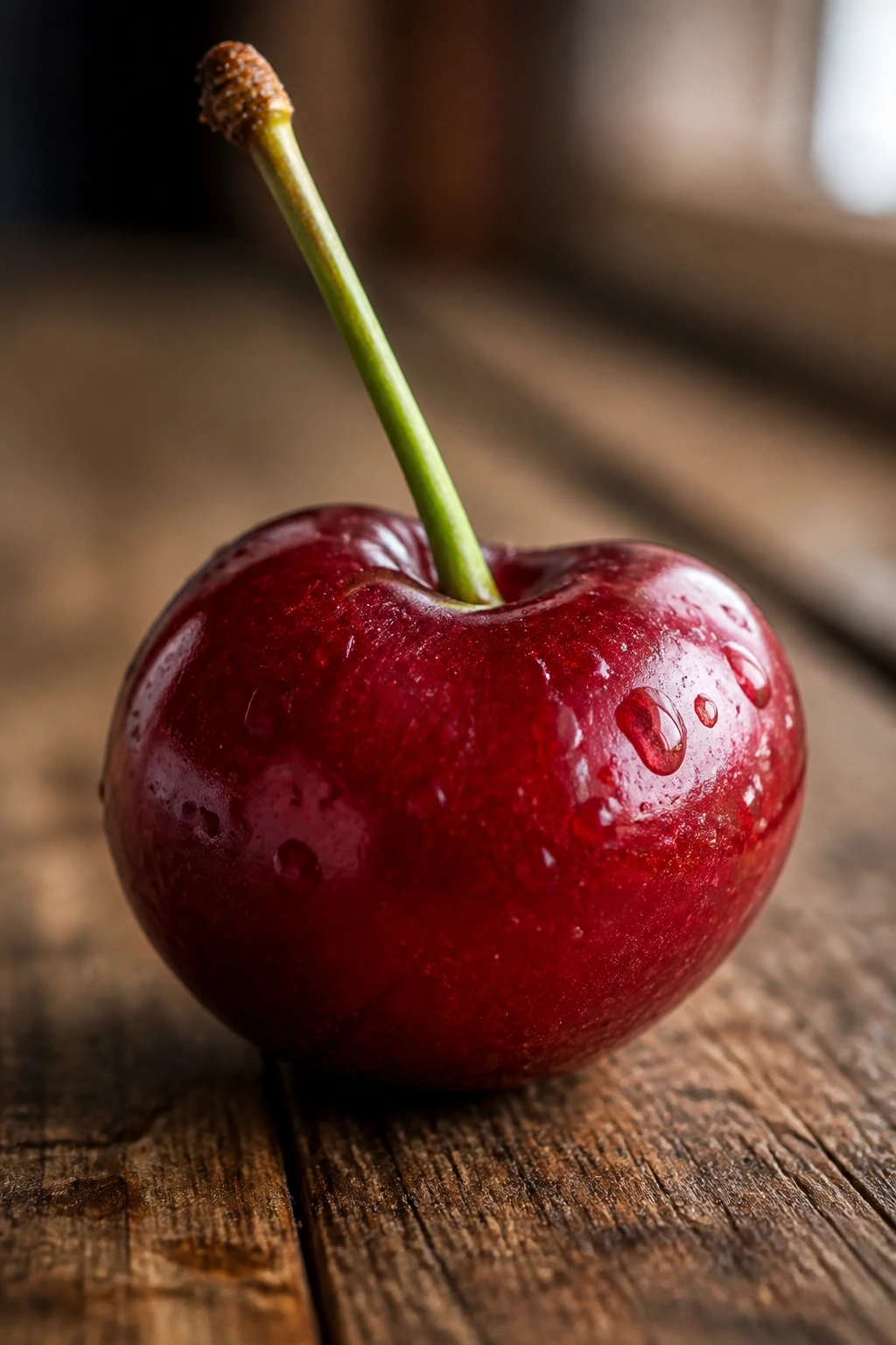 Close up of a single ripe cherry on a wooden surface highlighting Algeria's national fruit
