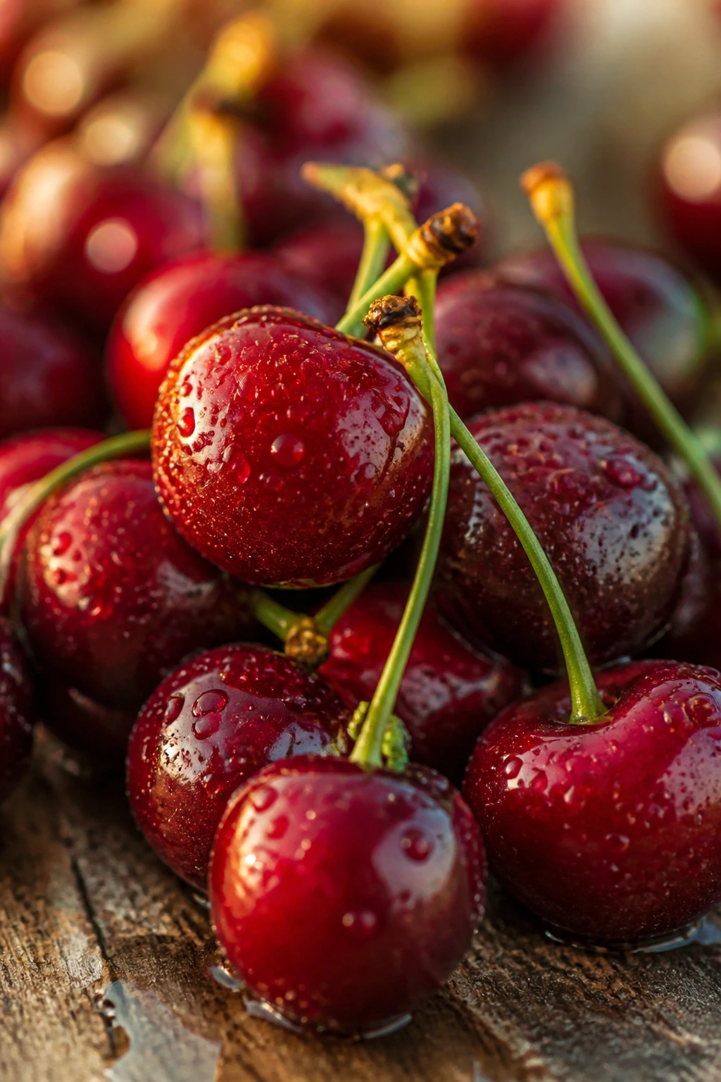 Close-up of a cluster of glossy cherries filling the frame