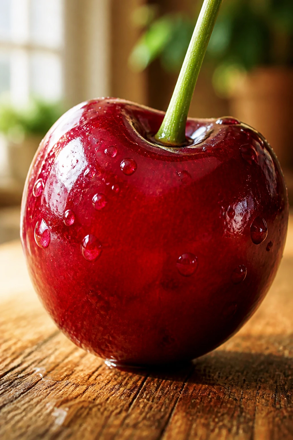 10 Amazing Fruits That Symbolize Happiness 7 Close-up of a single red cherry on a wooden surface
