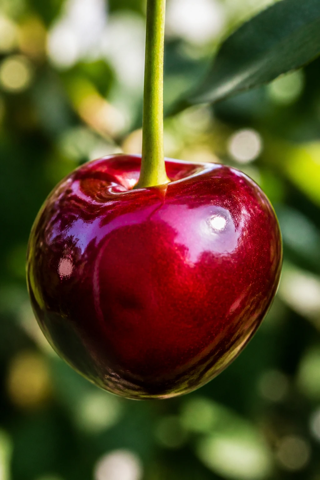 10 Amazing Fruits That Symbolize Love 3 Close-up of a single cherry on stem in sunlight