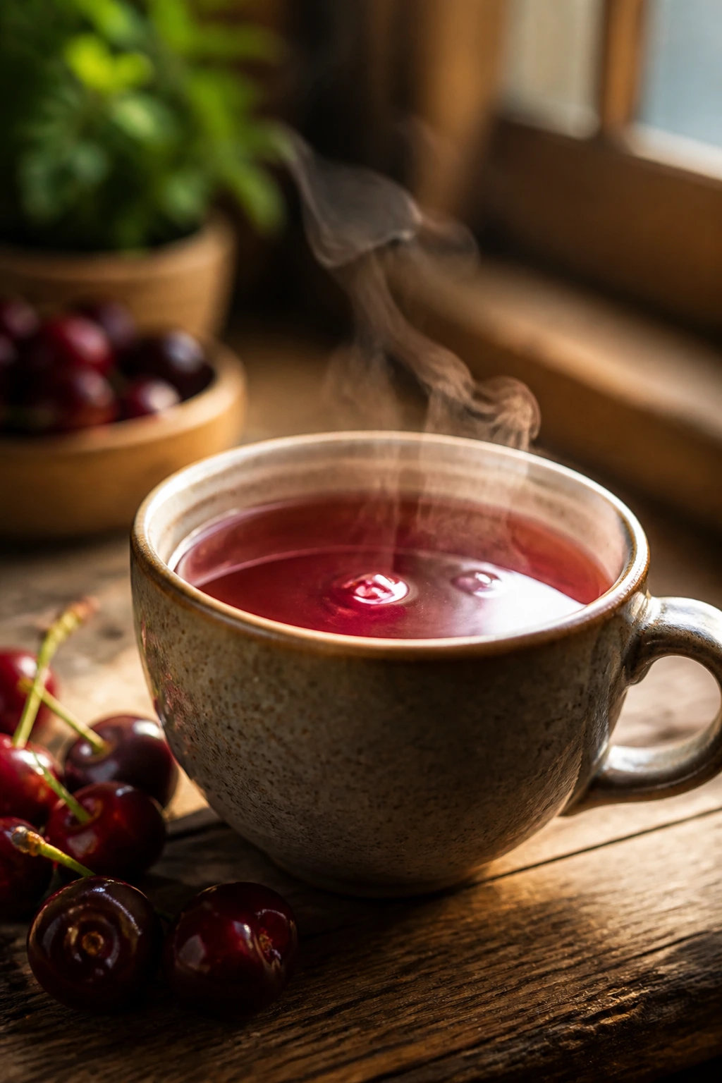 Close-up of a steaming cup of cherry tea with fresh cherries on a wooden table in a warm kitchen